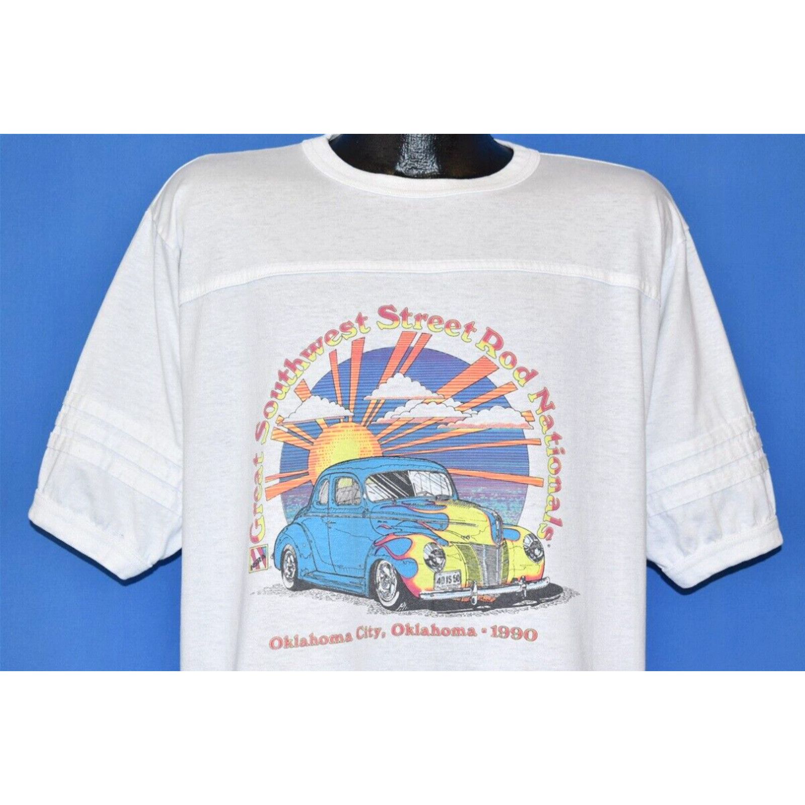 image of Vintage VTG 90's Southwest Street Rod National Oklahoma 90 Classic Car Sunset T-Shirt XL in White