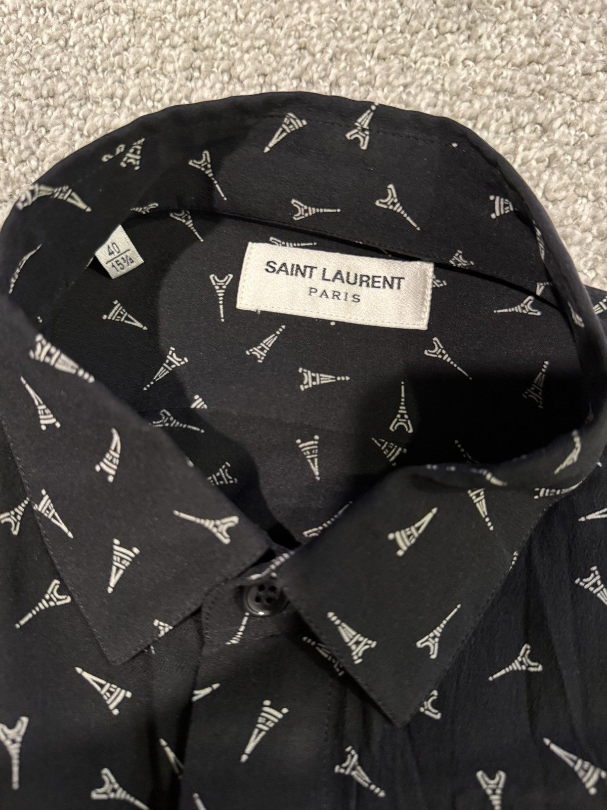 Saint Laurent Paris Saint Laurent YSL Black Eiffel Tower Print Silk Button Down Size US XXS / EU 40 - 3 Thumbnail