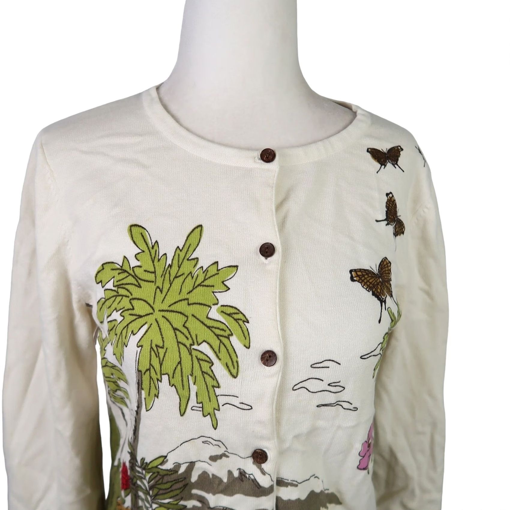 Vintage Christopher & Banks Sweater Womens S Cream and green nature theme knit cardigan Size S / US 4 / IT 40 - 2 Thumbnail