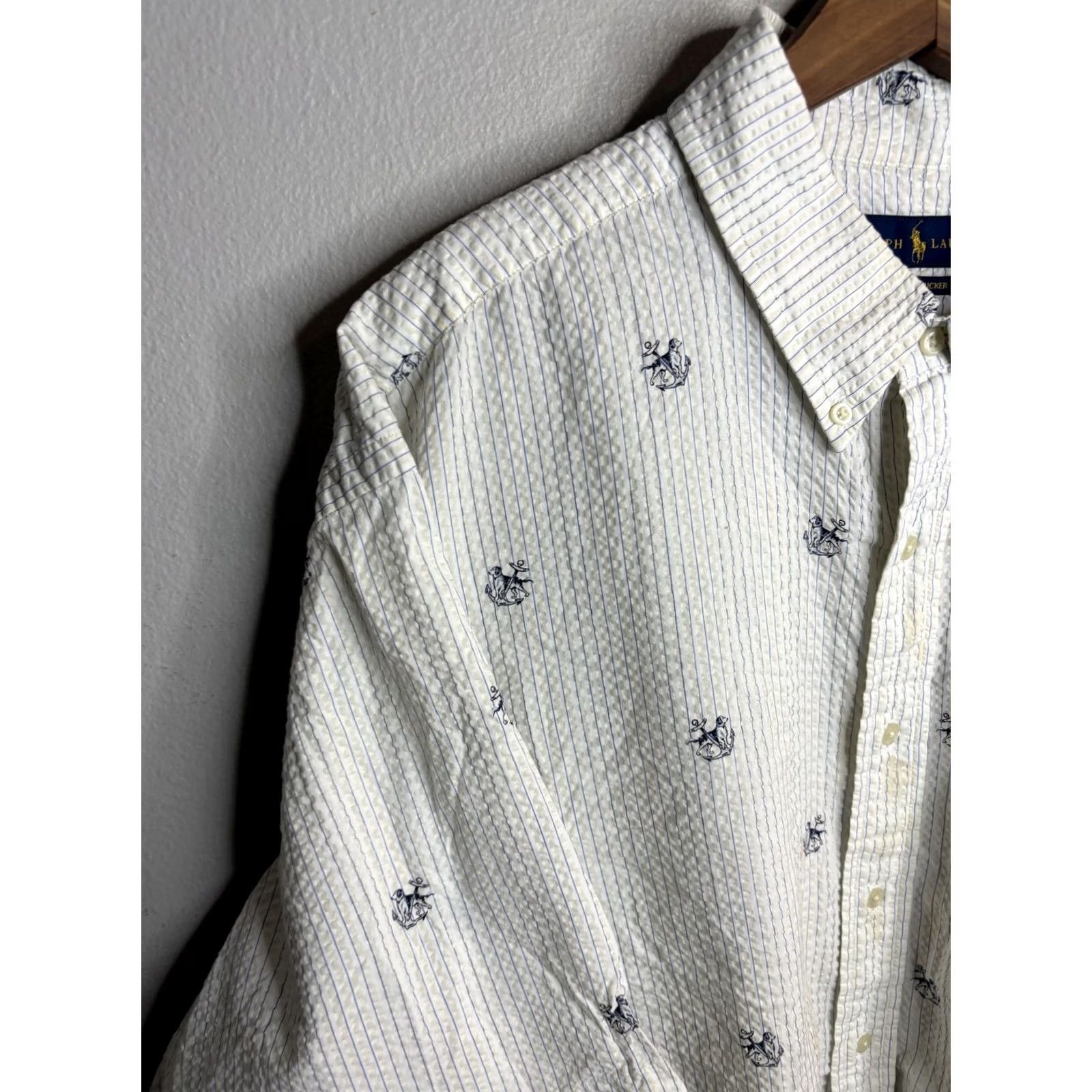 Ralph Lauren Ralph Lauren Seersucker Shirt Mens 2XL White Striped Anchor Nautical Embroidered Button-Up Short Sleeve Size US XXL / EU 58 / 5 - 2 Thumbnail
