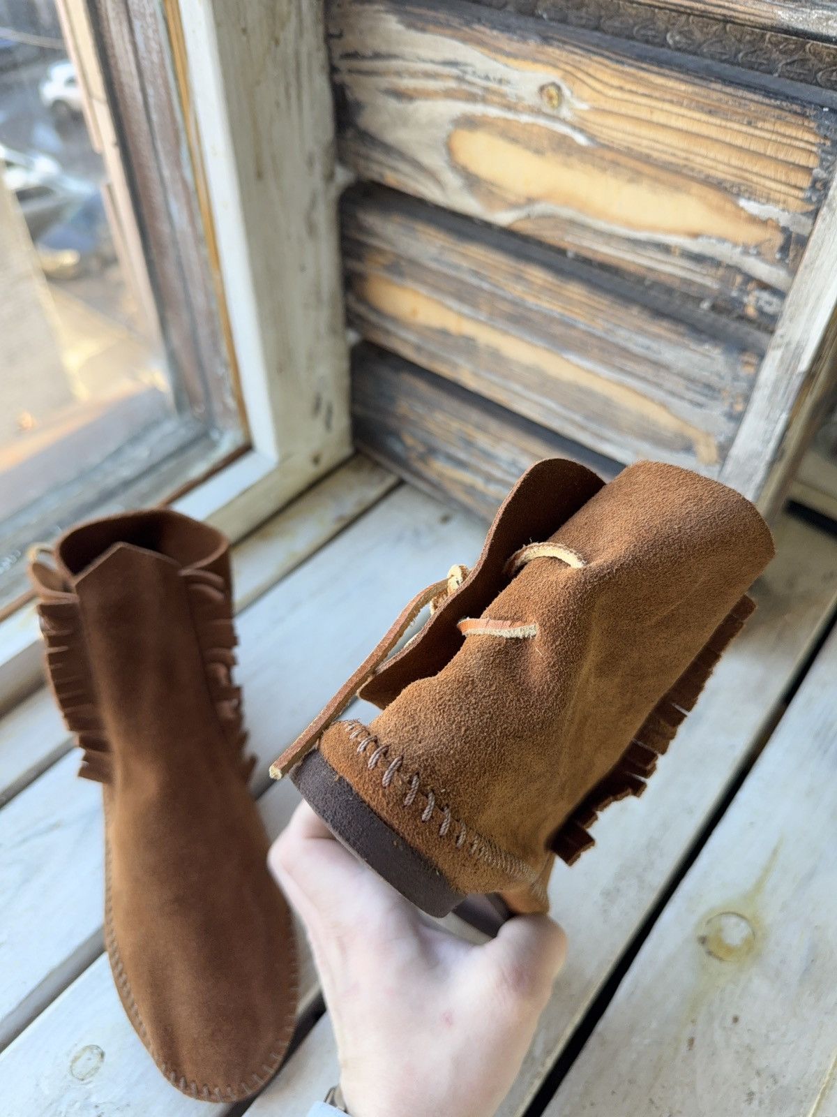 Vintage Vintage 00s Western USA Made Suede Fringe Moccasin Boots Size US 7 / IT 37 - 9 Thumbnail