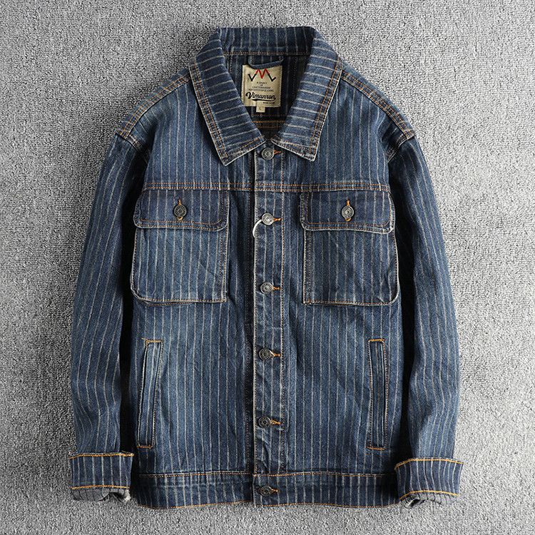 image of American Retro Striped Old Vintage Washed Denim Jacket in Blue, Men's (Size 2XL)