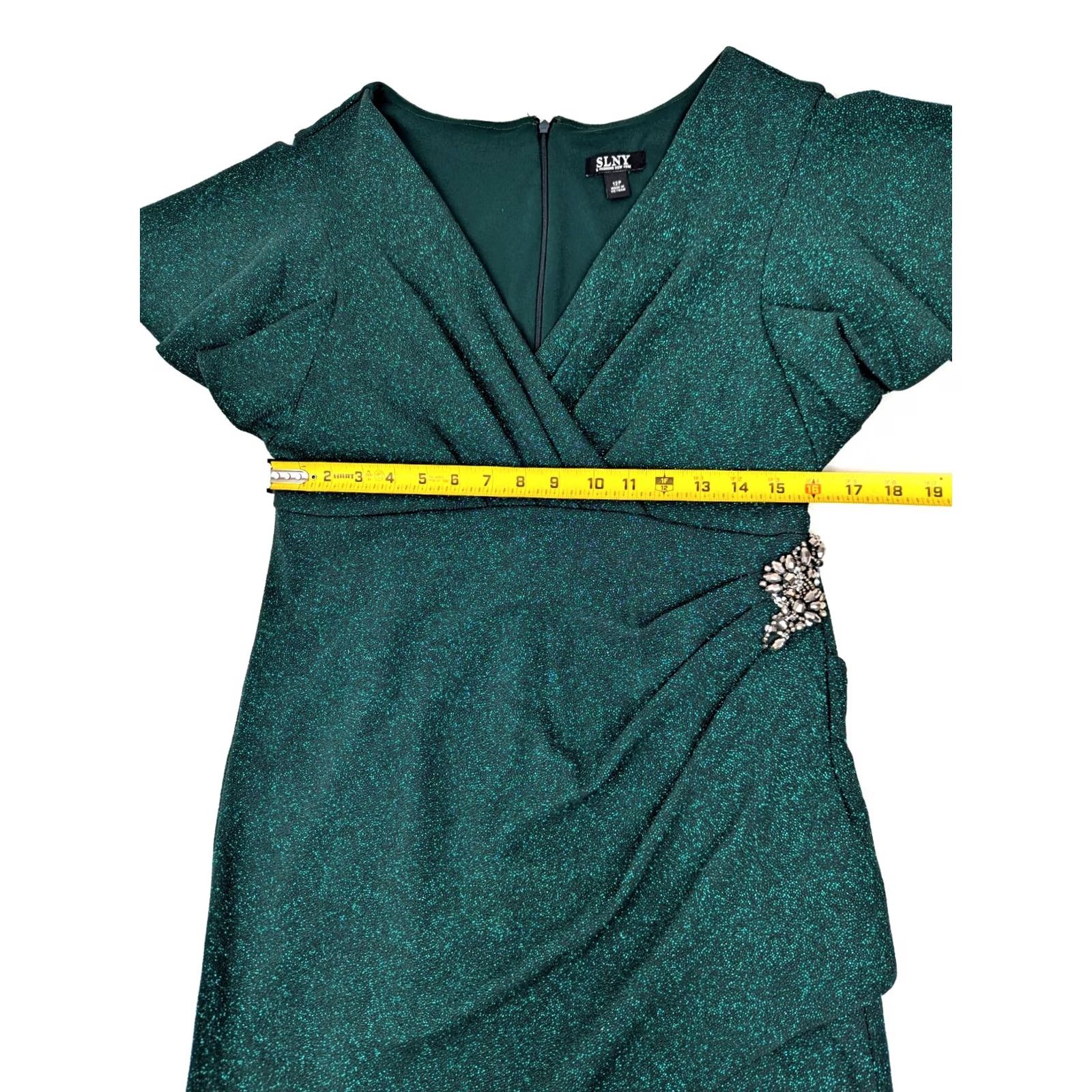 Vintage SLNY Green Glitter Metallic Sheath Dress Women 12P Surplice VNeck Flutter Sleeve Short Sleeve Giftless Size XL / US 12-14 / IT 48-50 - 7 Thumbnail