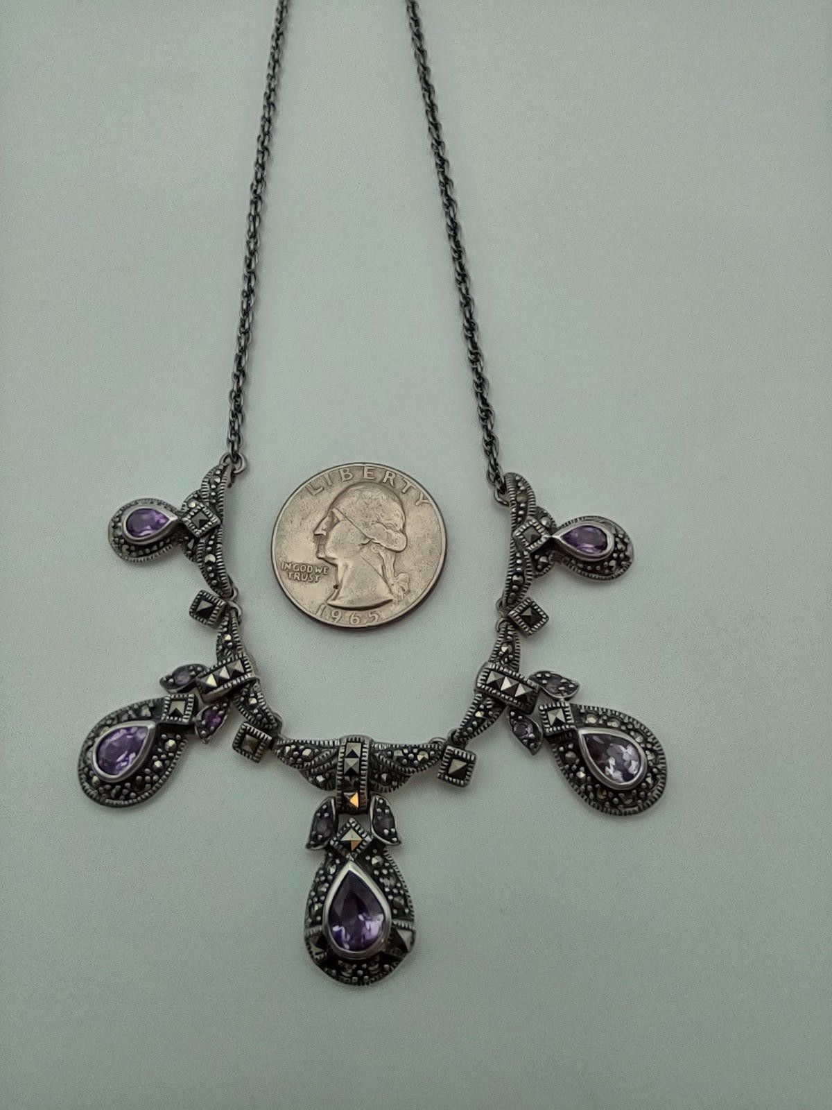 The Unbranded Brand Sterling 925 Amethyst Marcasite Necklace 16" 24.4g Size ONE SIZE - 4 Thumbnail