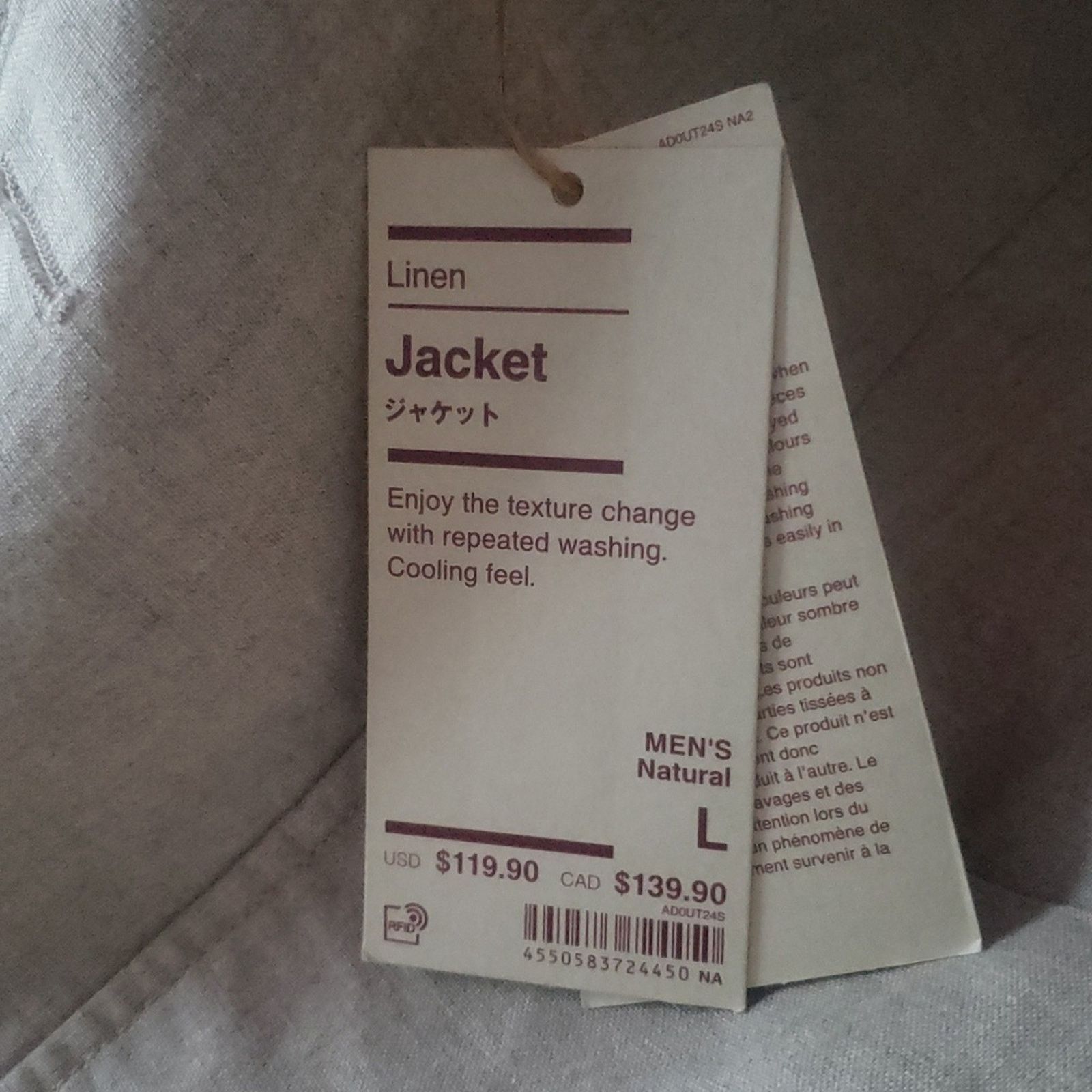 Muji MUJI JACKET, 100% LINEN, COLOR NATURAL,MEN L, RETAIL $119.90 Size US L / EU 52-54 / 3 - 4 Thumbnail