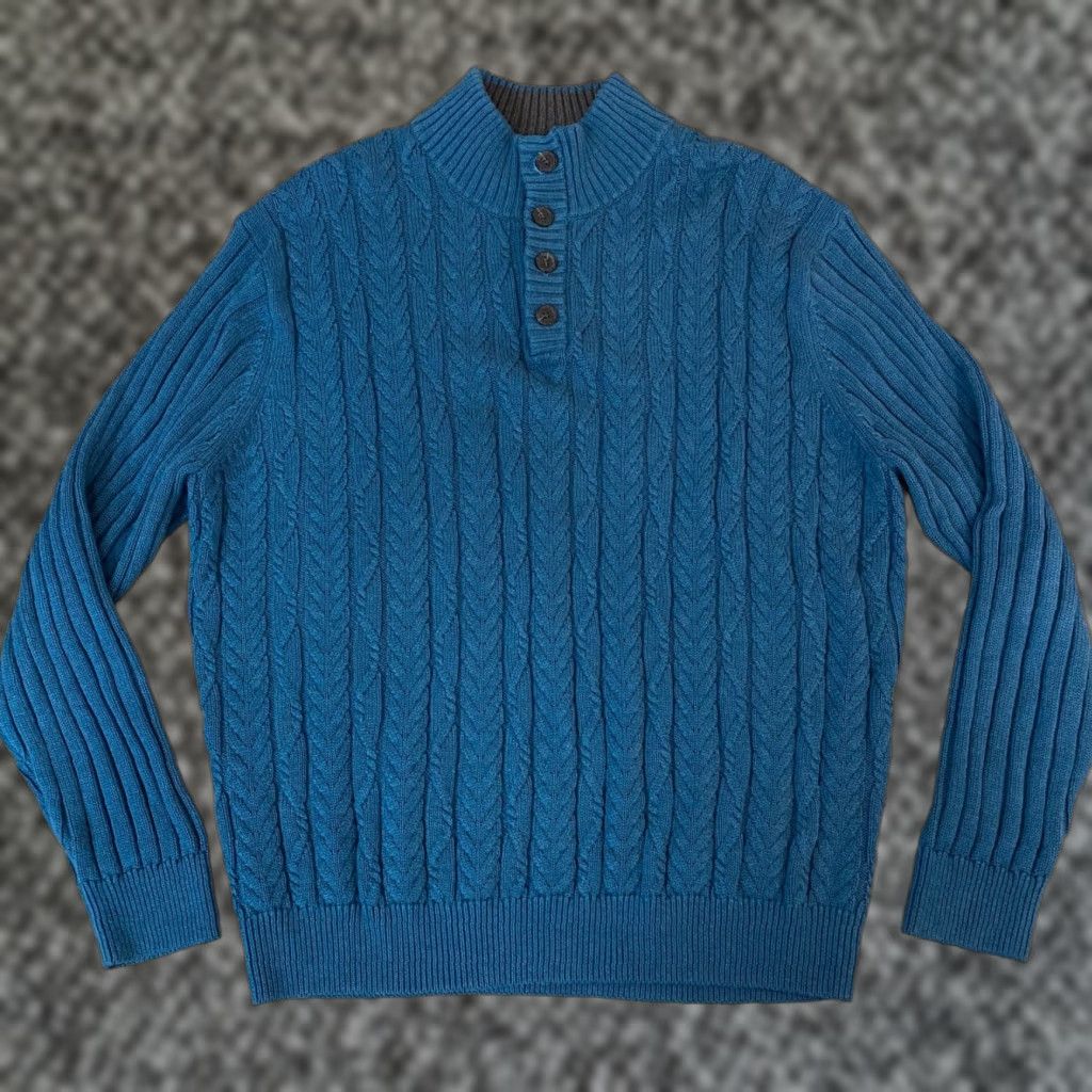 Jos. A. Bank Jos A Bank Sweater Mens Large Teal Blue Cable Knit Mock Neck 1/4 Button Size US L / EU 52-54 / 3 - 1 Thumbnail