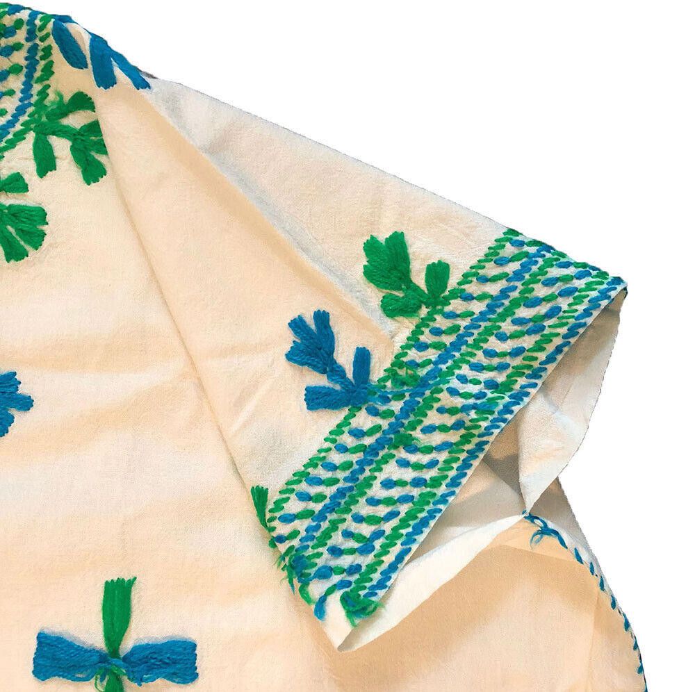 Designer Used White Hand Made Blue Green Embroidered Blouse L Size L / US 10 / IT 46 - 3 Thumbnail