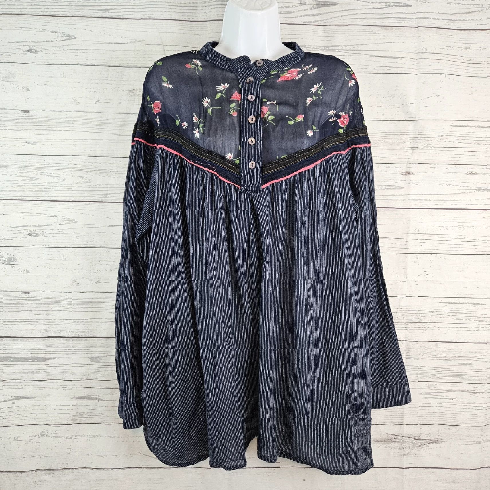 Free People Free People Hearts and Colors Tunic Top Blouse L Blue Green Stripe Floral Womens Shirt Size L / US 10 / IT 46 - 2 Thumbnail
