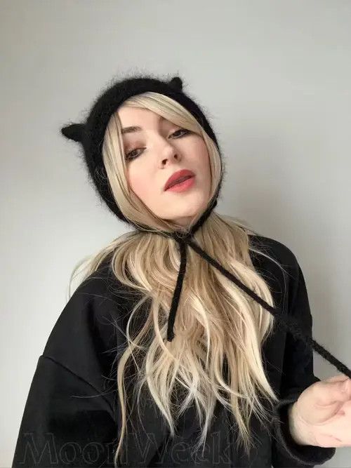 Japanese Brand Knitted hat with ears devil horns , black cat Size ONE SIZE - 1 Thumbnail
