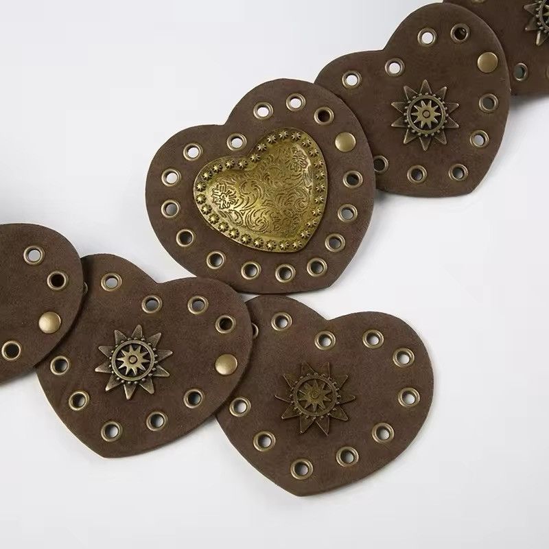 Leather Bohemian Style Brown Pinned Heart PU Leather Belts Size ONE SIZE - 3 Thumbnail