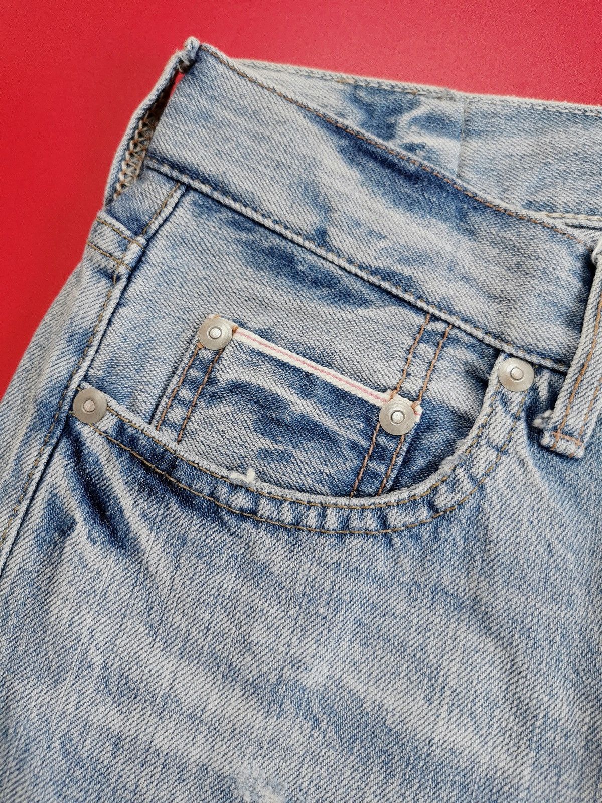 GOA GOA Selvedge Straight Leg Distressed Light Wash Jeans Size US 31 - 10 Thumbnail
