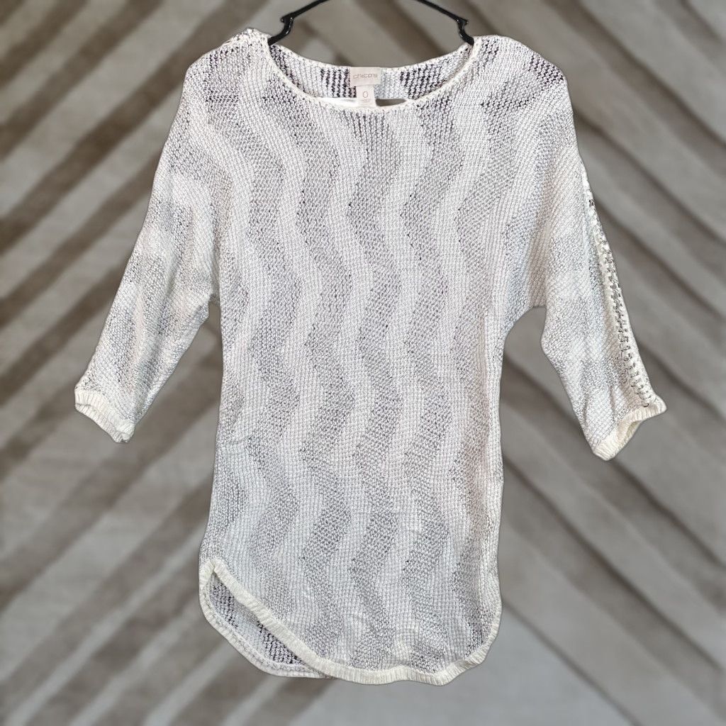 Vintage Chicos Womens Sweater White Silver Metallic Knit Open-Knit Half Sleeve Boat Neck S Women Pullover Casual Workwear Holiday 0 (S) Size S / US 4 / IT 40 - 1 Thumbnail