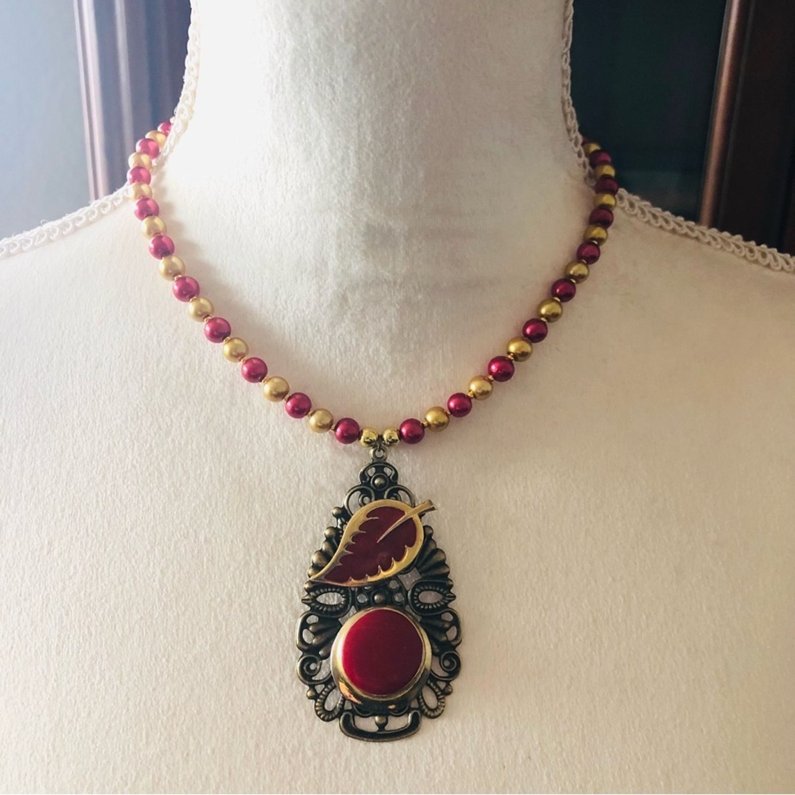 Handmade Handcrafted repurpose red enamel filigree pearl necklace Size ONE SIZE - 2 Thumbnail