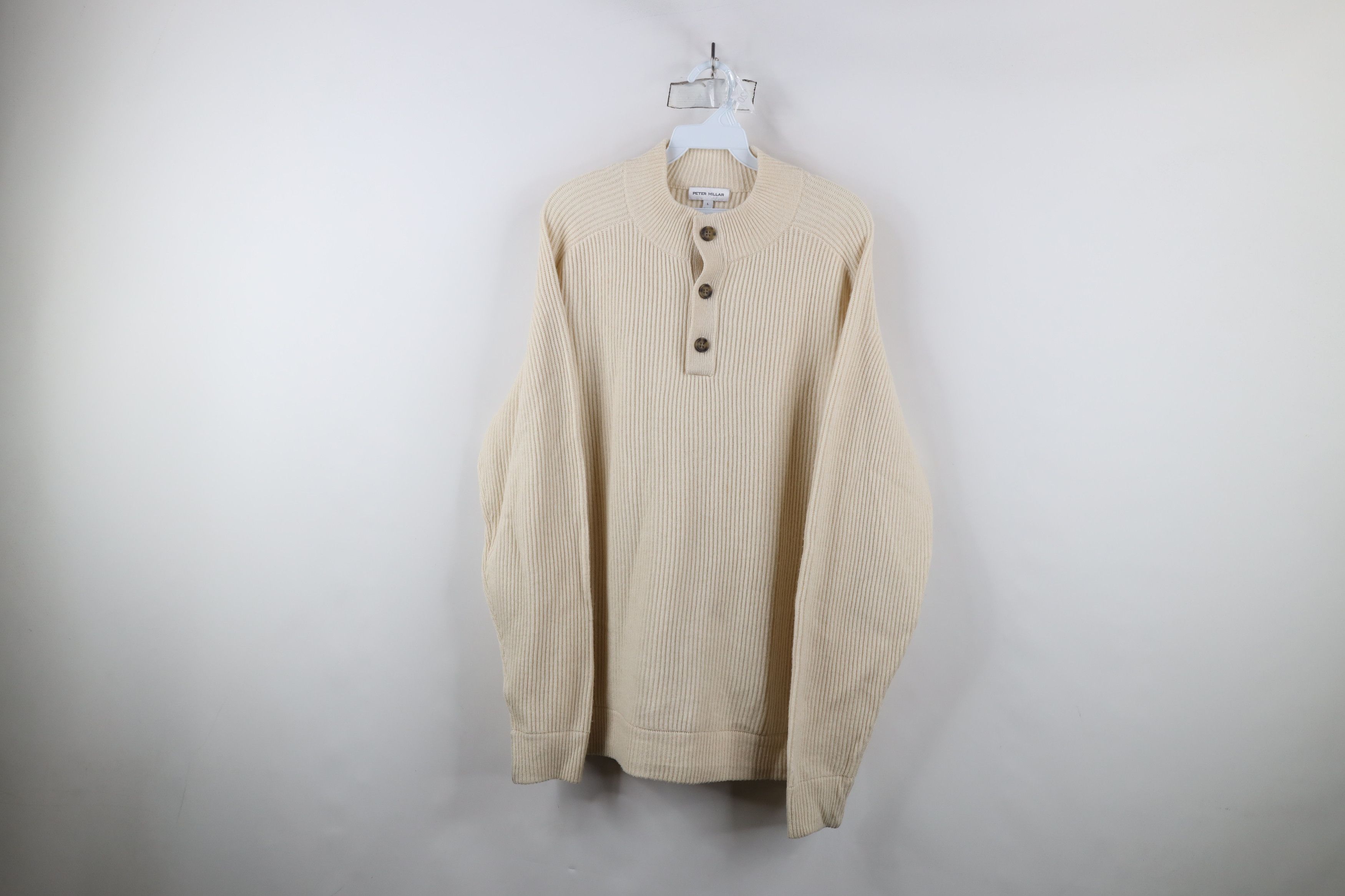 Peter Millar × Vintage Peter Millar Knit Yak Wool Cashmere Henley Sweater Cream Size US L / EU 52-54 / 3 - 1 Thumbnail