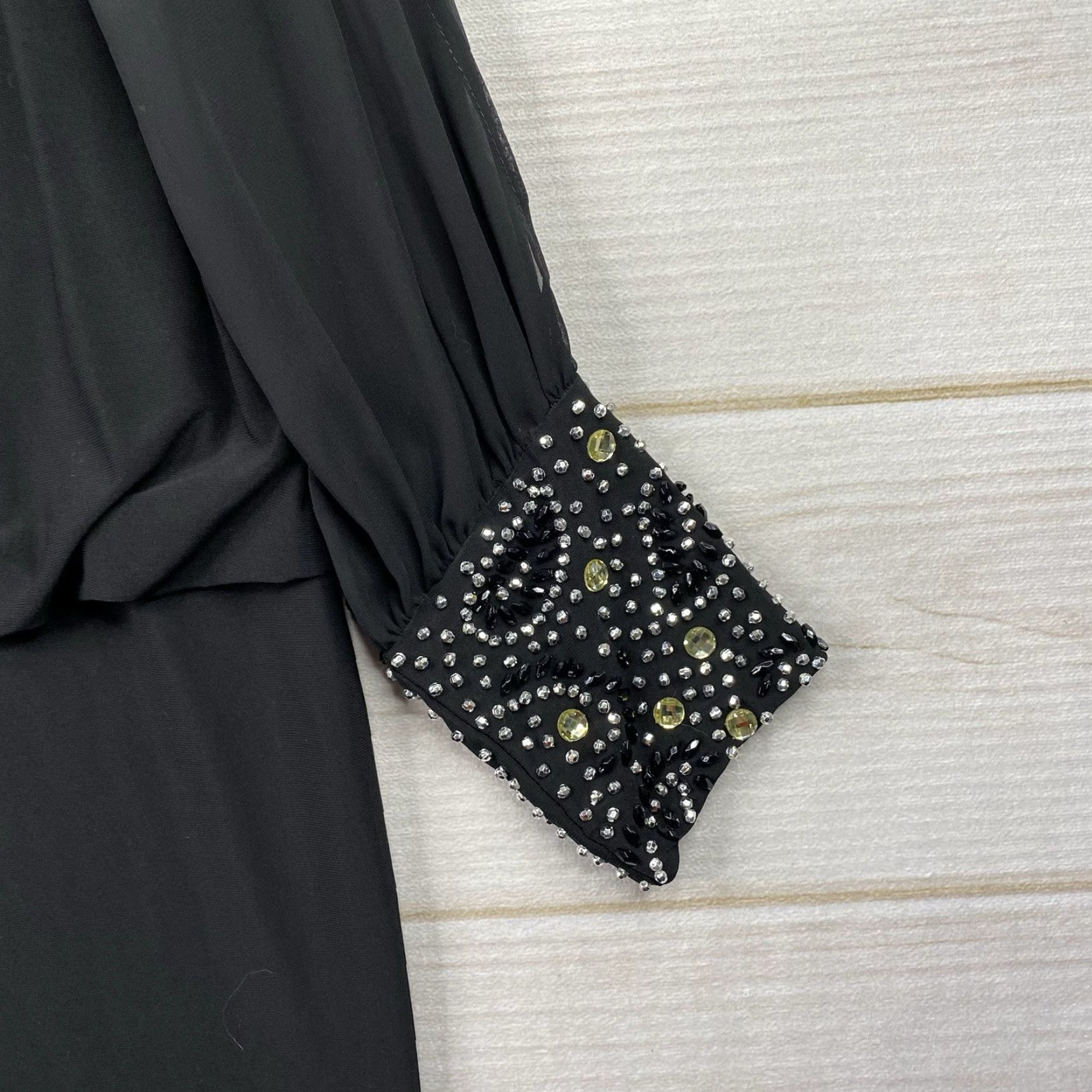 Vintage XSCAPE Cocktail Dress 16W Black Stretch Blouson Embellished Cuffs Beaded Party Dress Size XXL / US 16-18 / IT 52-54 - 6 Thumbnail