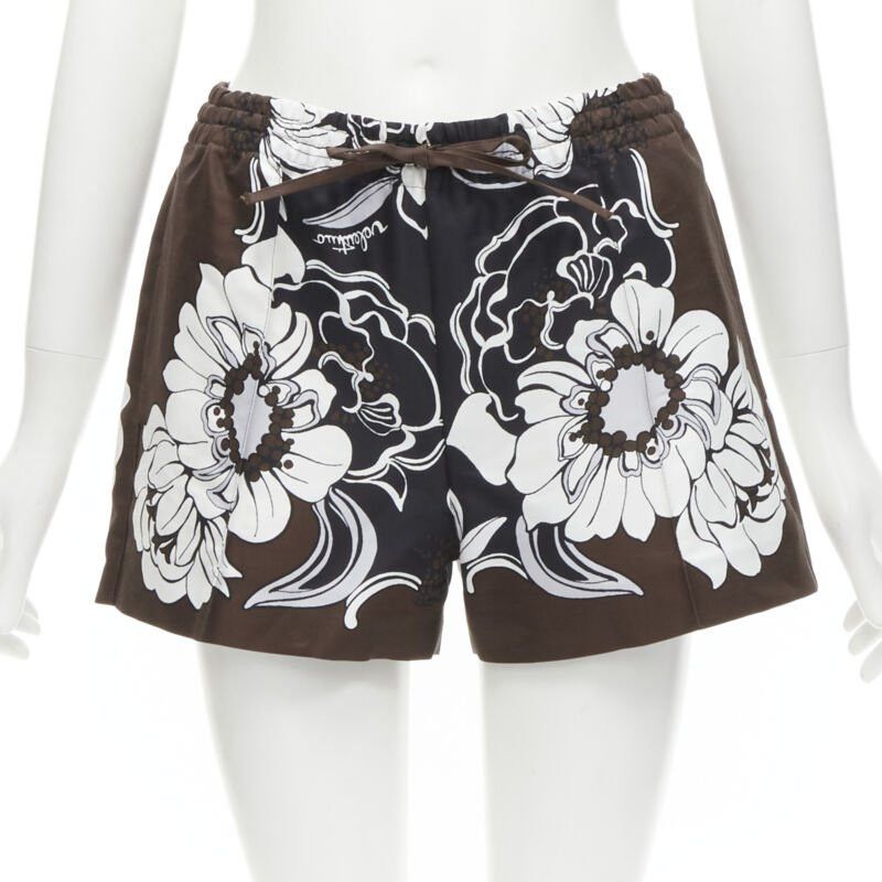 Valentino VALENTINO 2022 cotton silk brown black floral pleated drawstring shorts IT36 XS Size 25" / US 0 / IT 36 - 1 Thumbnail