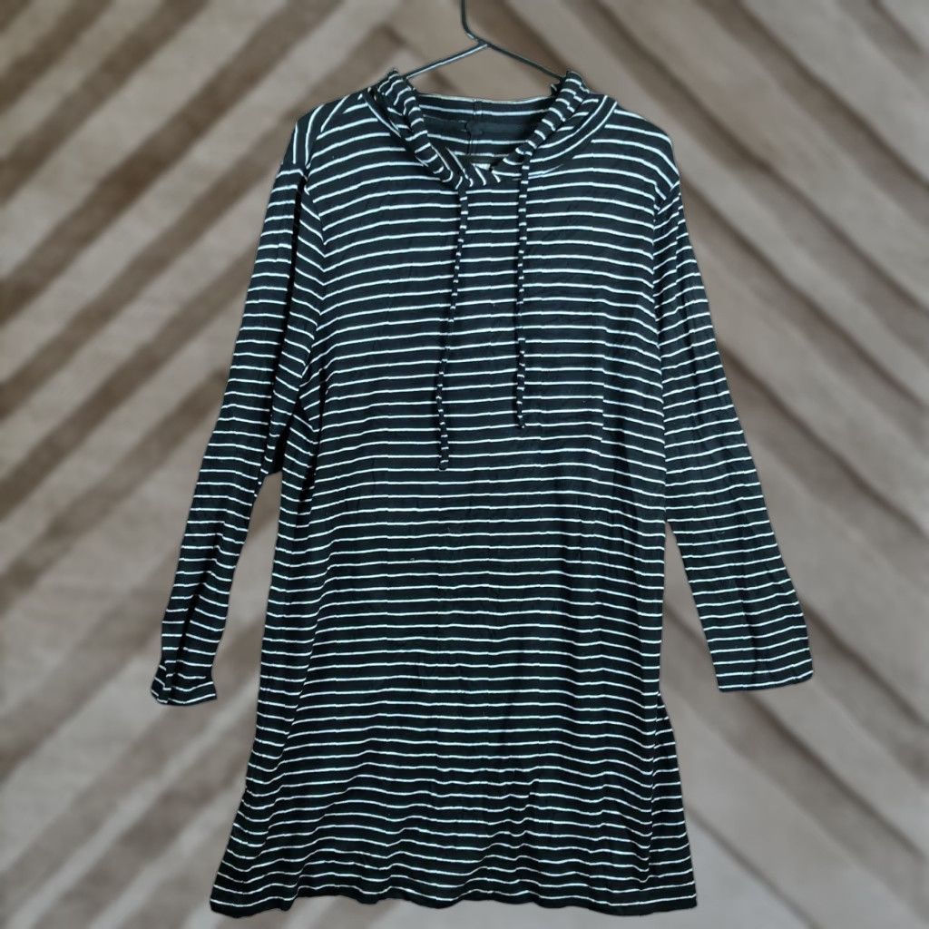 Lou & Grey Sweater Dress Womens Stripe Hooded Pullover Black White XL Knit  Long Sleeve Casual