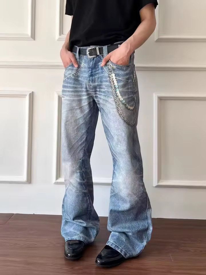 Jean Cyber Y2K Streetwear 3D Printed Washed Blue Size US 29 - 4 Thumbnail