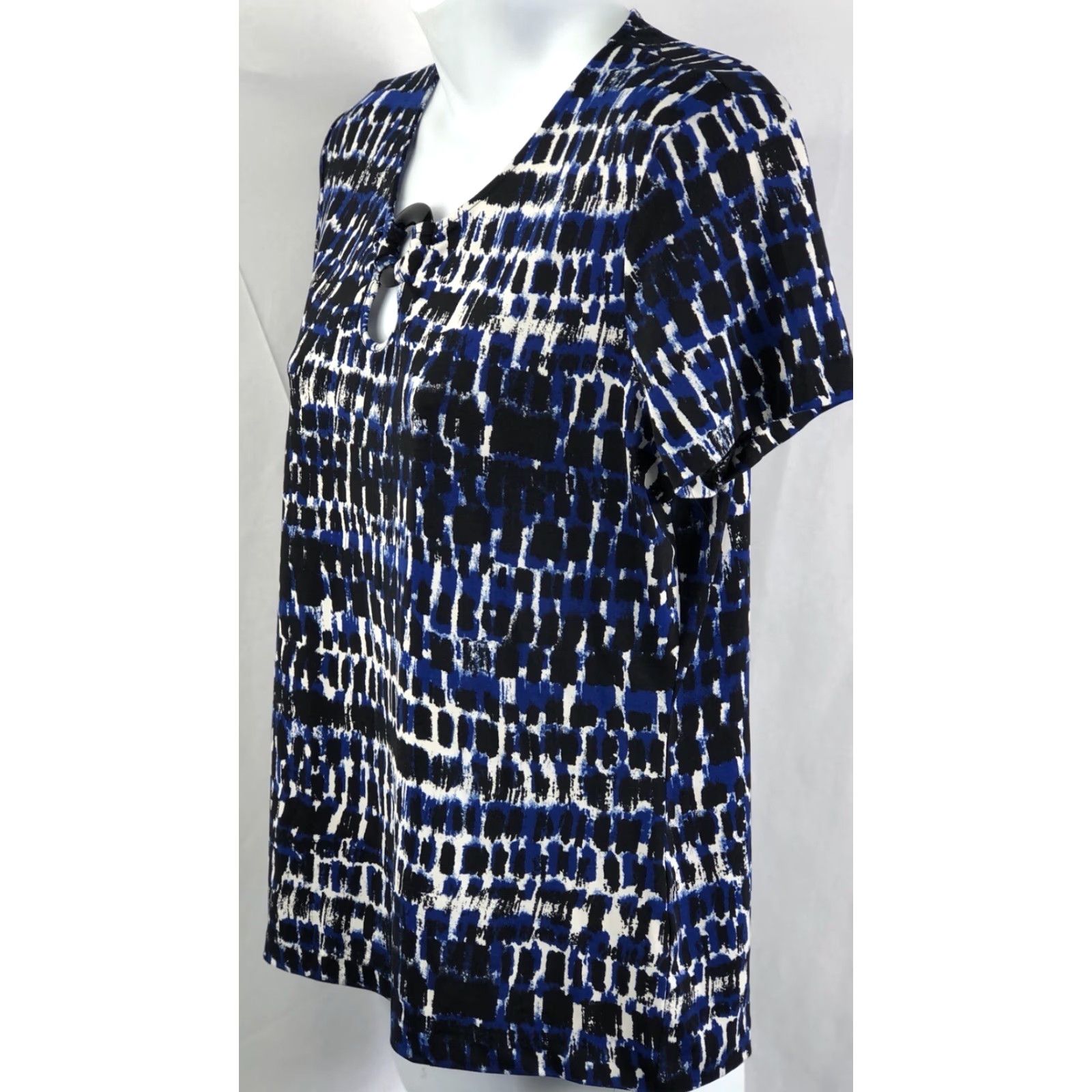 CO VINTAGE Jones & Co Top Blouse M Blue/Black Print Keyhole Scoop Neck Short Sleeves Womens Size M / US 6-8 / IT 42-44 - 3 Thumbnail