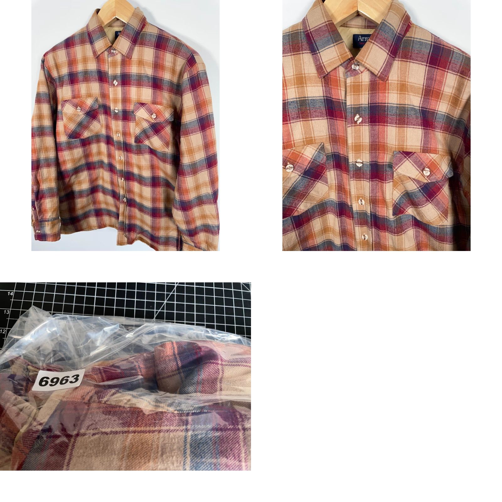 Arrow VINTAGE Arrow Shacket Jacket Quilted L Beige Red Plaid Mens Large Size US L / EU 52-54 / 3 - 9 Thumbnail