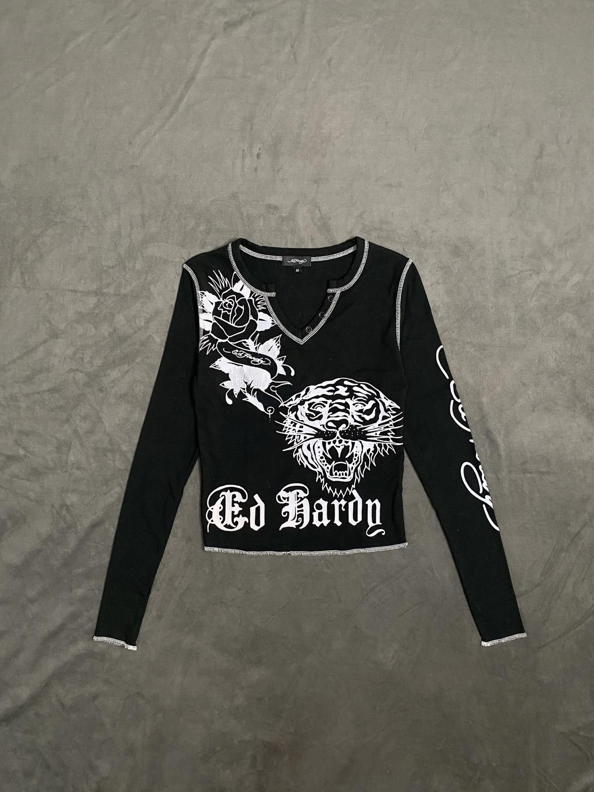 Ed Hardy Ed Hardy Tiger Rose Black Thermal Long Sleeve Notched Tee M Size M / US 6-8 / IT 42-44 - 1 Thumbnail