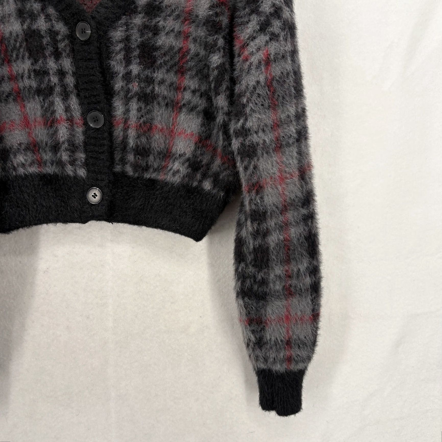 Vintage Social Collision Cardigan Sweater Womens XL Gray Plaid Gothic Cropped Sleeve Long Knit V-Neck Button Fall Winter Maglione Size XL / US 12-14 / IT 48-50 - 3 Thumbnail