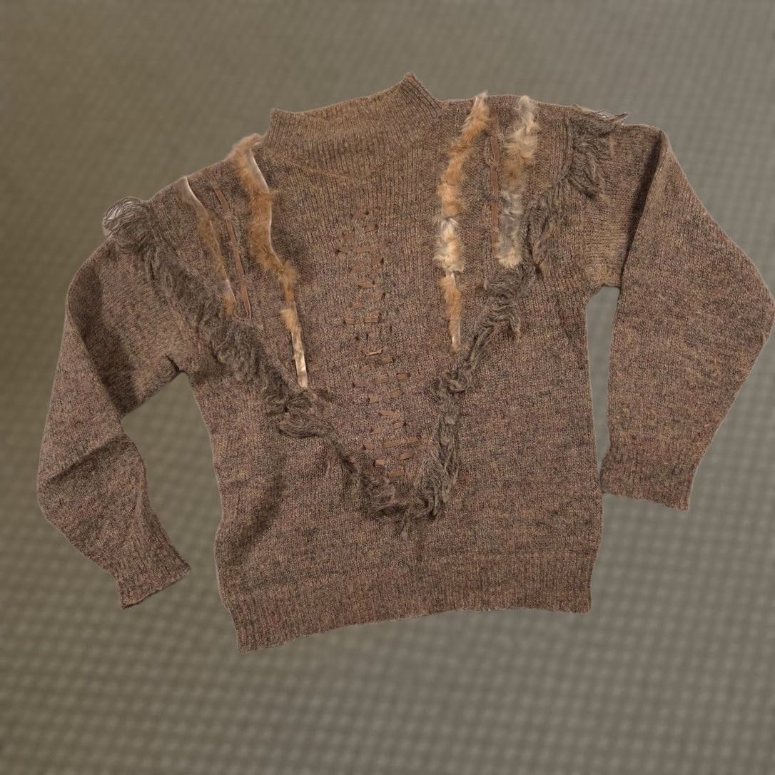 Vintage VINTAGE Gitano Sweater Womens Large Brown Mock Neck Fringe Fur Trim Boho Knit Size L / US 10 / IT 46 - 1 Thumbnail