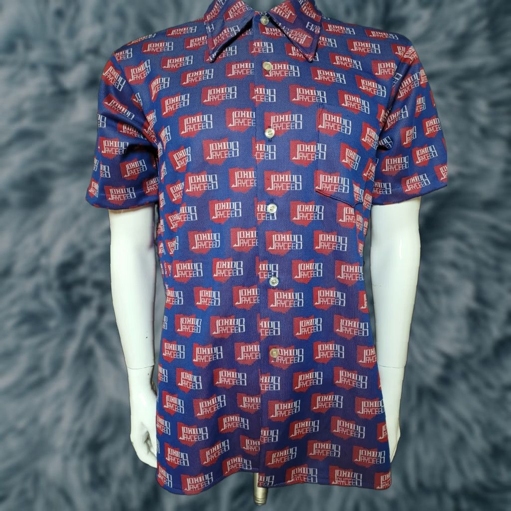 Gloverall VTG Knit Button-Up Shirt Large 70s Blue Short Sleeve Logo JCs Jaycees Collared Mens Size US L / EU 52-54 / 3 - 1 Thumbnail
