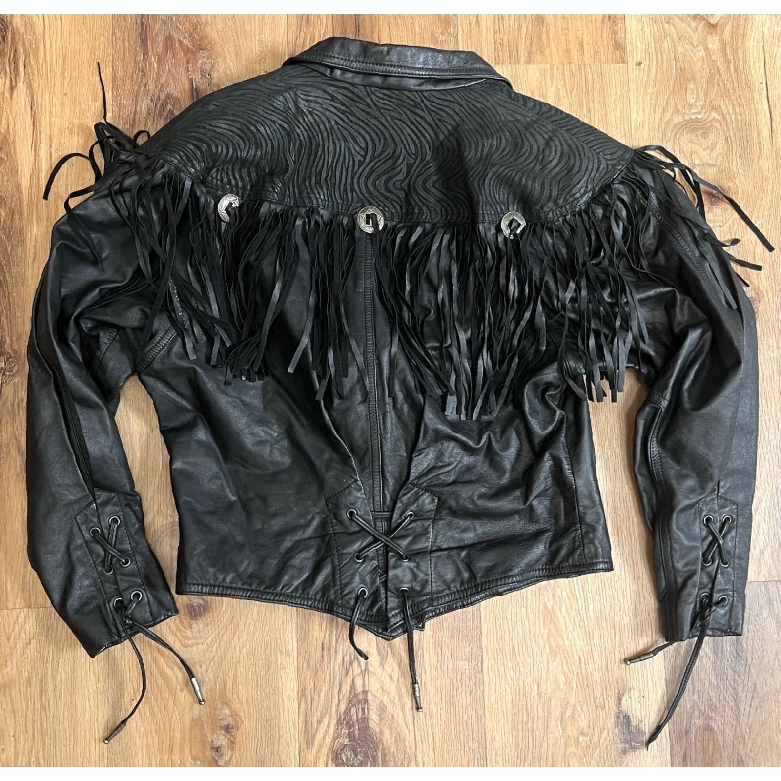 Ben Sherman VINTAGE Bermans Leather Jacket Woman Motorcycle Fringe Lace Up Back Cuffs M Cropped Black Size M / US 6-8 / IT 42-44 - 3 Thumbnail