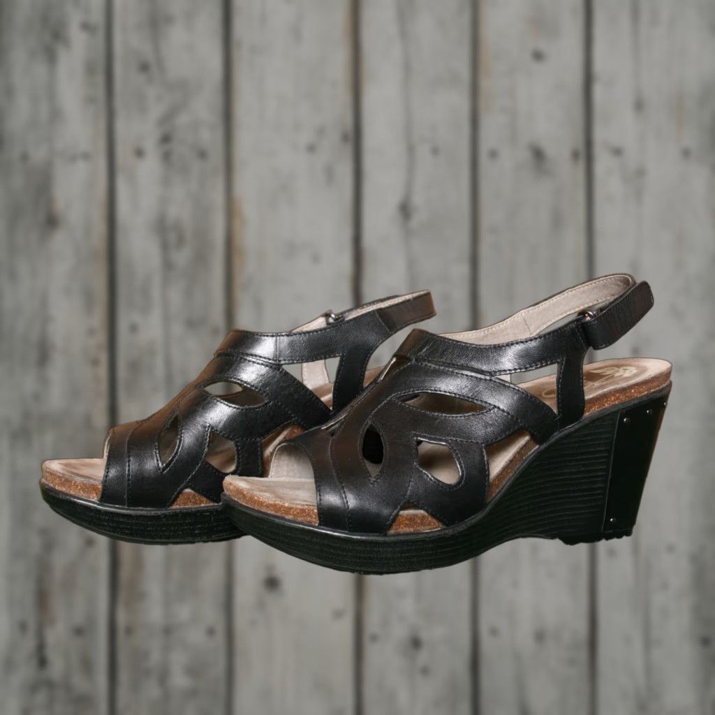 Dansko DANSKO Felicia Black Leather Wedge Heel Slingback Sandal US 9.5 Women's Sandal Strappy Leather Heel High 3-3.9 in Vintage? (No N/A) Size US 10 / IT 40 - 1 Thumbnail