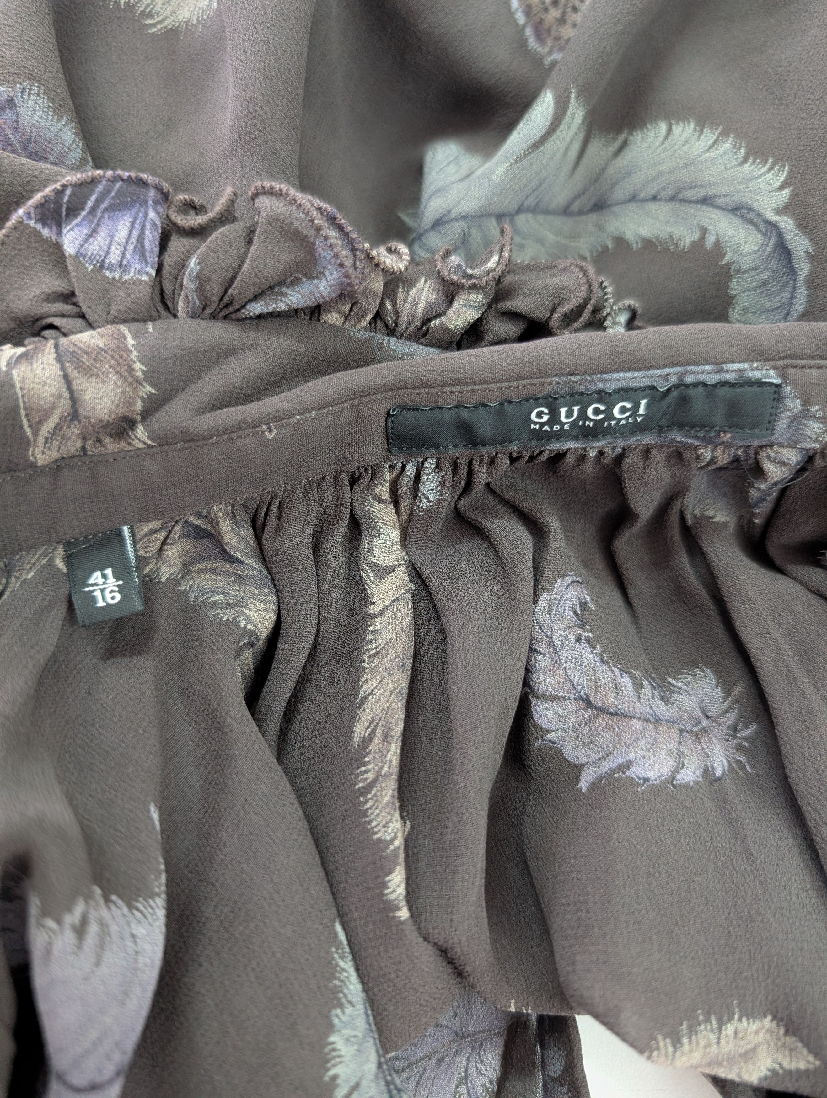 Gucci Brown Feather Pattern Long Sleeve Blouse Size S / US 4 / IT 40 - 6 Thumbnail