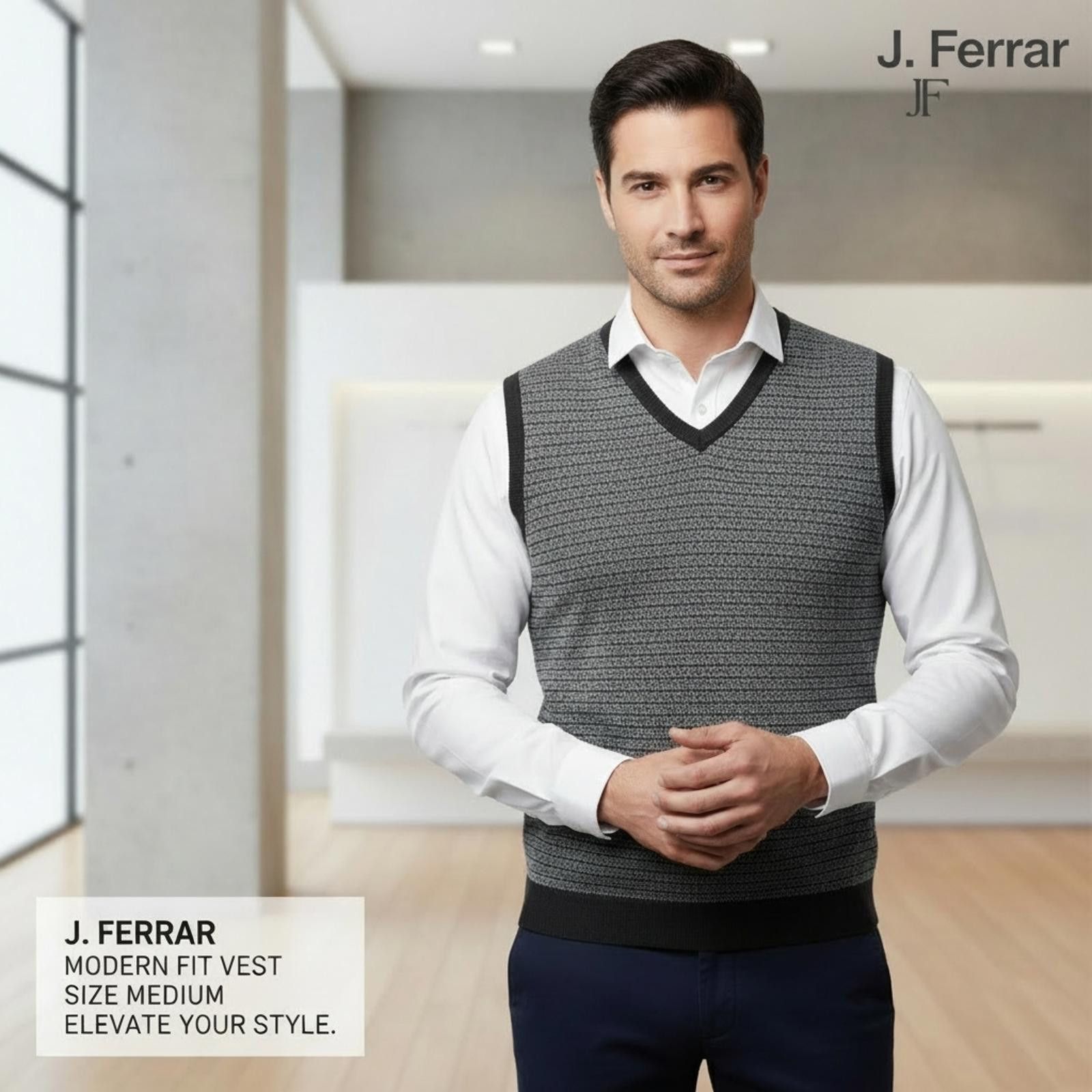 J Ferrar J. Ferrar Modern Fit V-Neck Sweater Vest Medium Gray Black Size US M / EU 48-50 / 2 - 2 Thumbnail