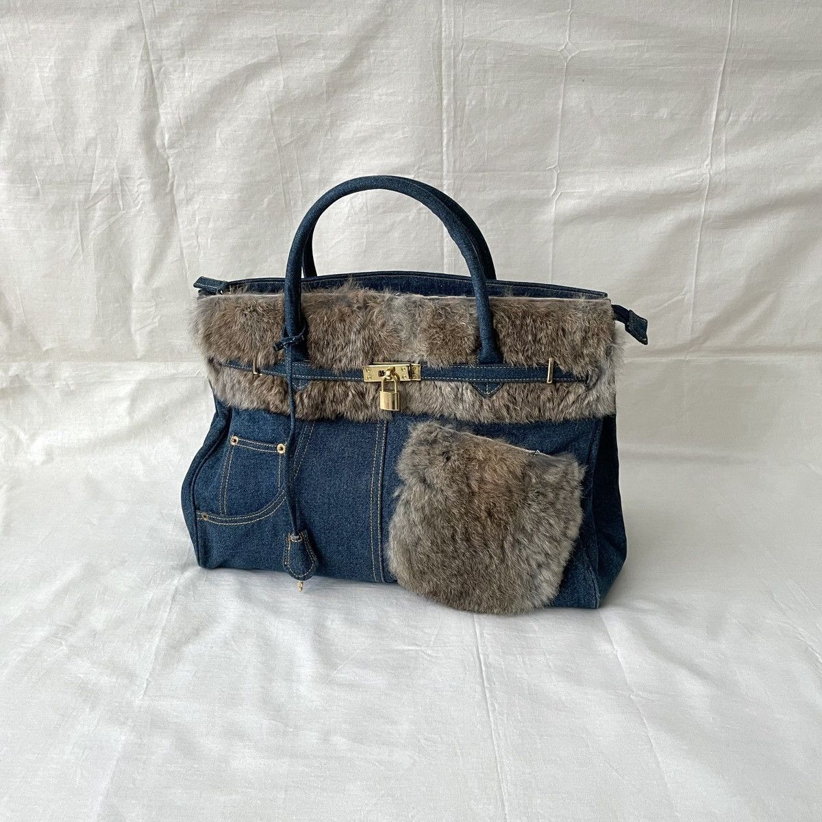 Japanese Brand Birkin Style Denim and Fur Handmade Bag Japan Size ONE SIZE - 1 Thumbnail