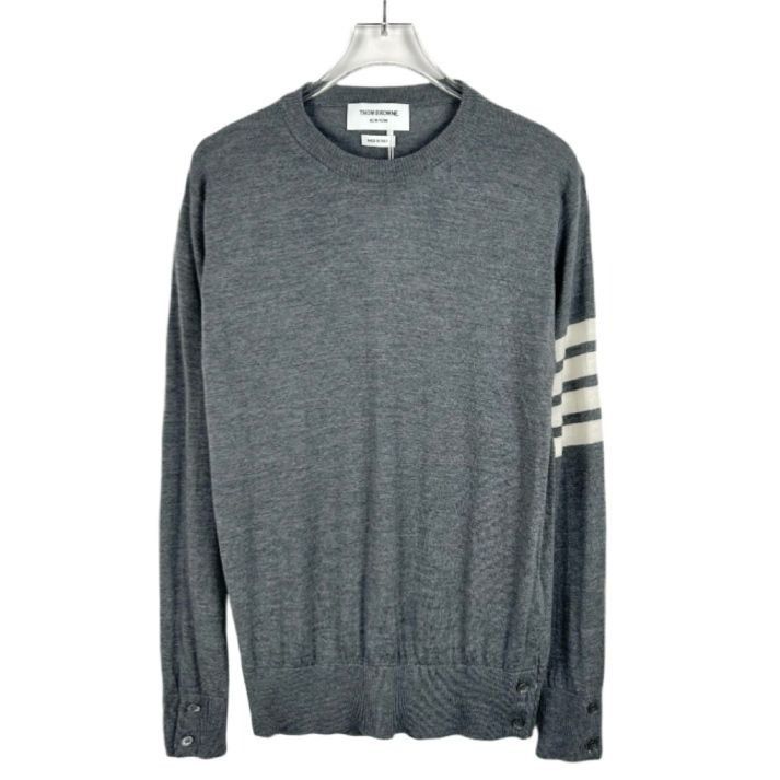 Thom Browne Thom Browne Classic Four-Stripe Grey Round Neck Wool Knitted Size US M / EU 48-50 / 2 - 1 Thumbnail