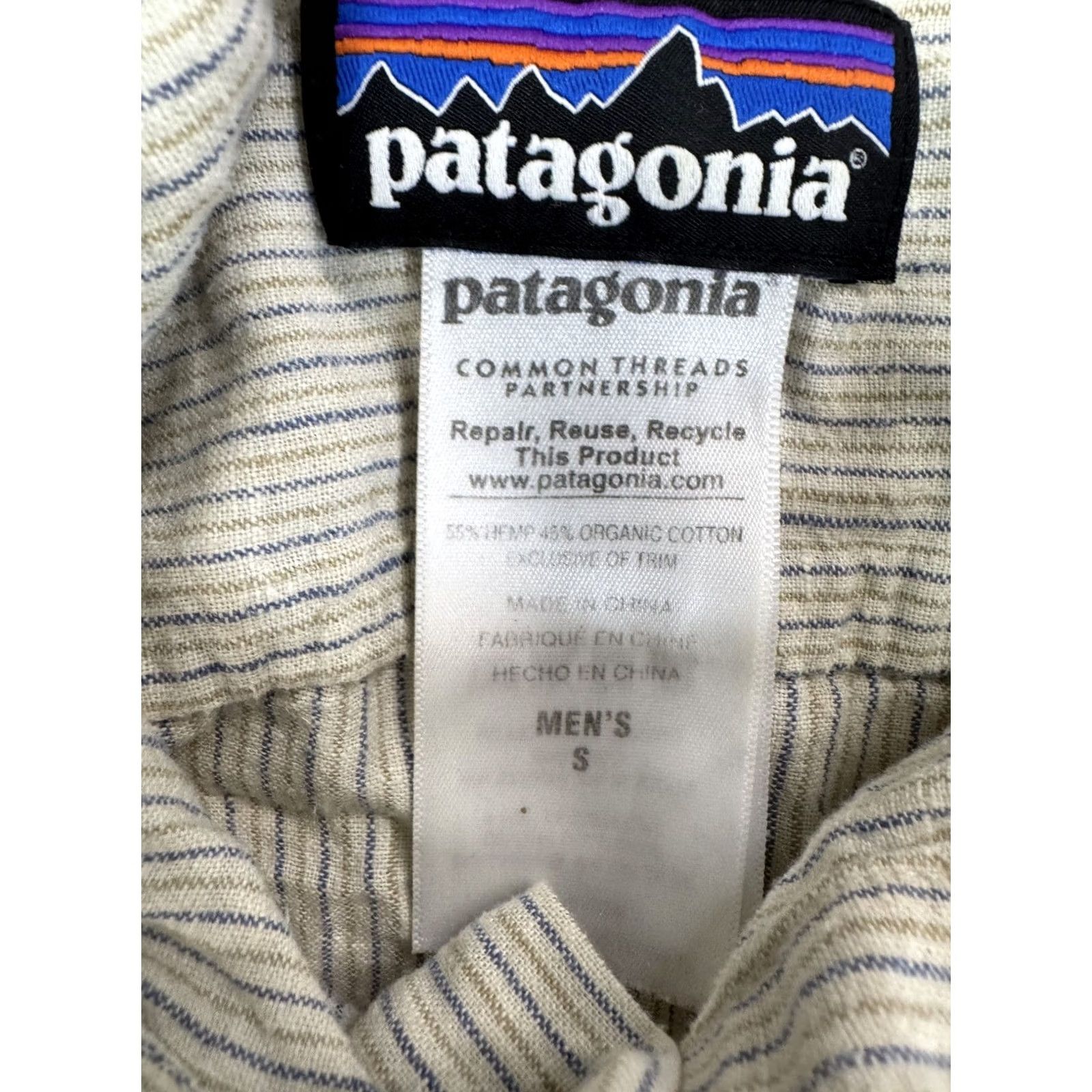Patagonia Patagonia Men's Button-Up Shirt Small S Hemp Organic Cotton Striped Light Beige Blue Short Sleeve Size US 29 - 4 Thumbnail