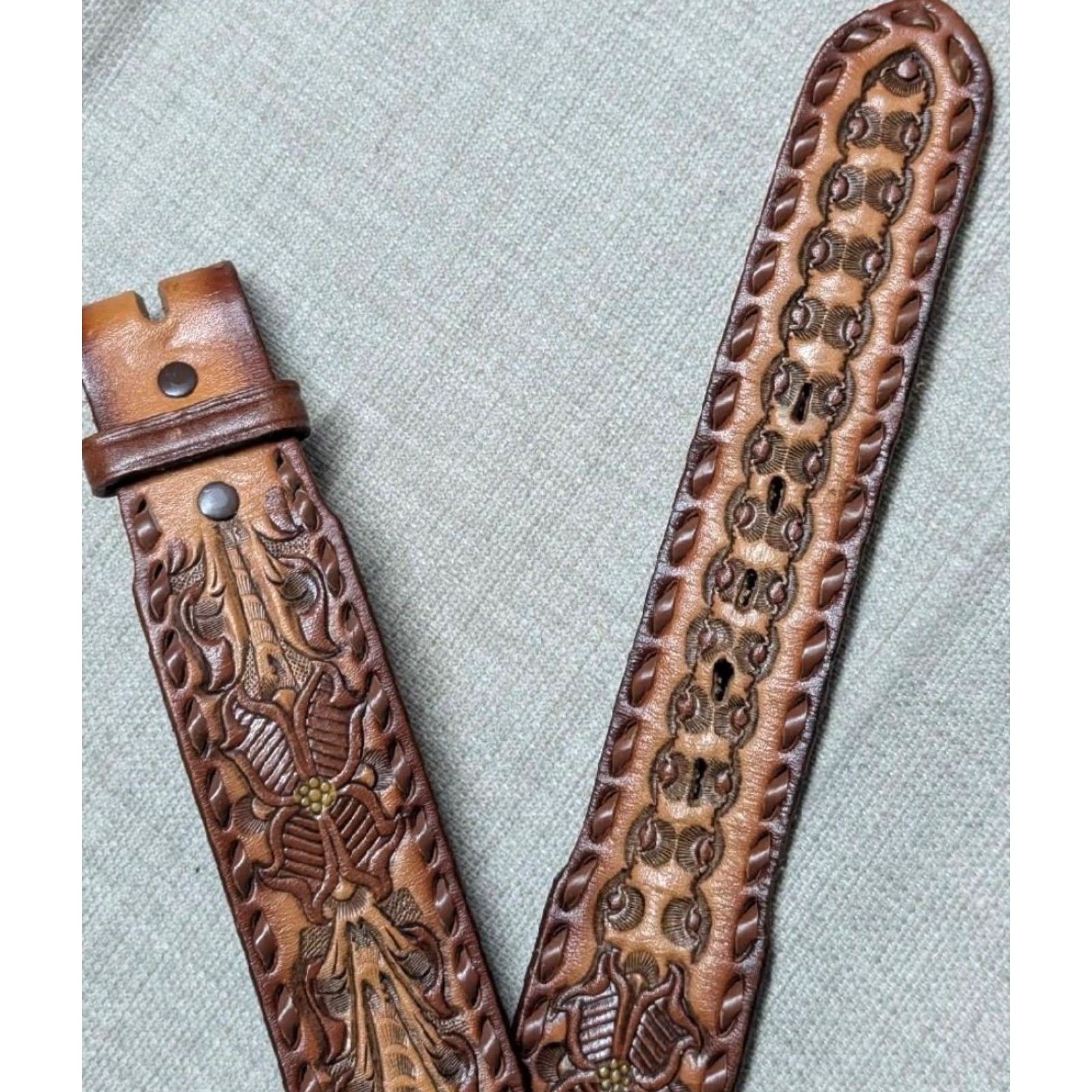 Tony Lama VINTAGE Tony Lama Belt Western Belt Men 30 Brown Leather Cowhide Tooled Floral USA Made Buckle Slim 1-3/4" Western Theme Southwestern Mens Size 30 - 7 Thumbnail