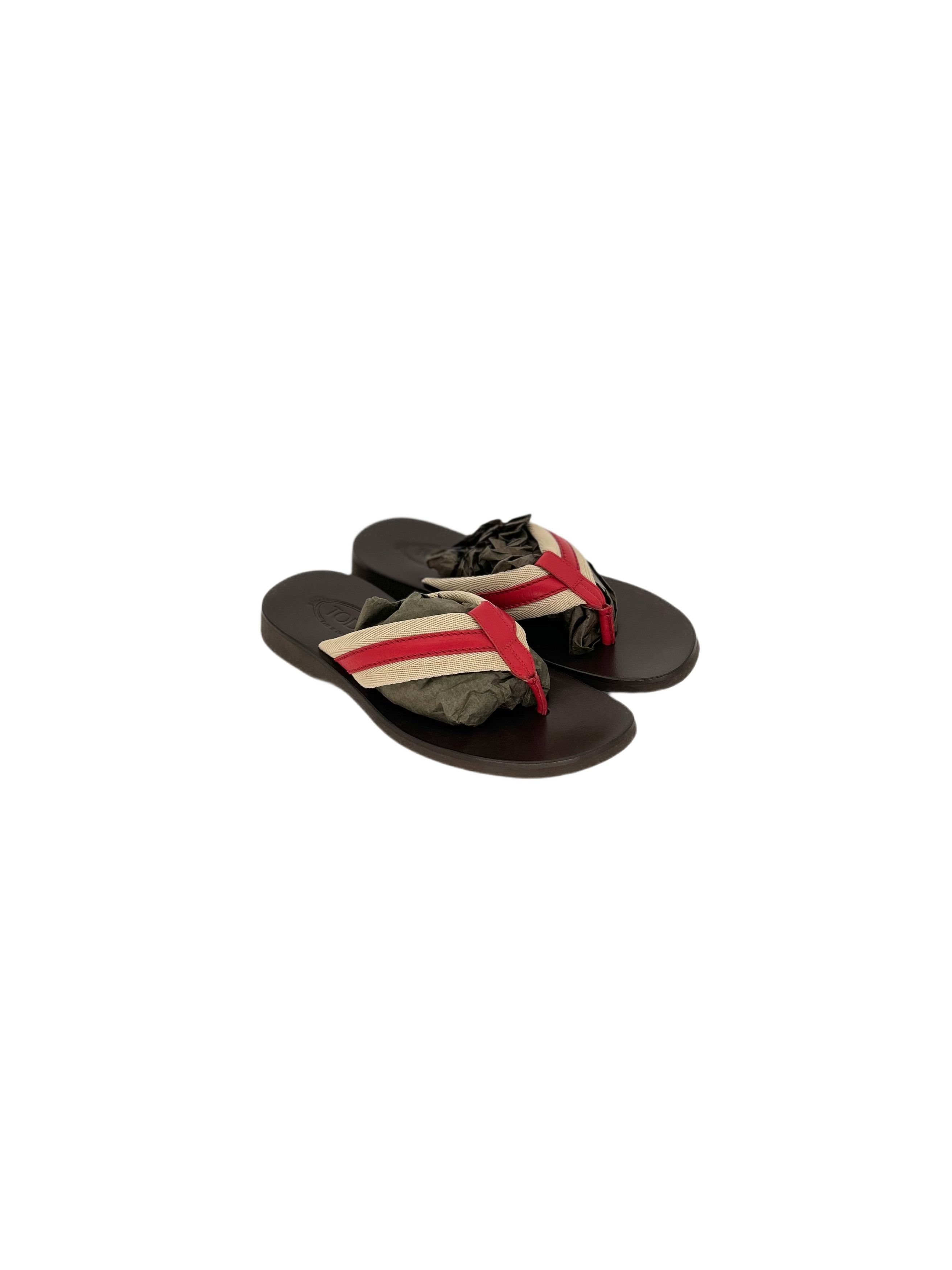Tod's TODS Brown Leather Sandal With Canvas / Leather Thong Upper Size US 7.5 / EU 40-41 - 1 Thumbnail