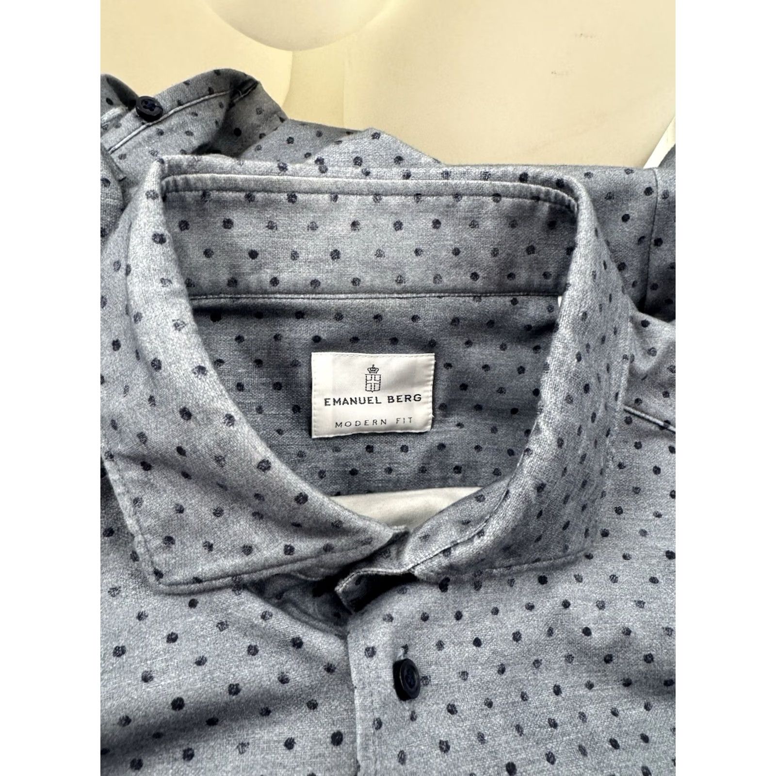 Vintage EMANUEL BERG Shirt Mens L Gray / Blue Polka Dot Soft Cotton Blend Stretch Button-Up Long Sleeve SMALL FLAW Size US L / EU 52-54 / 3 - 4 Thumbnail