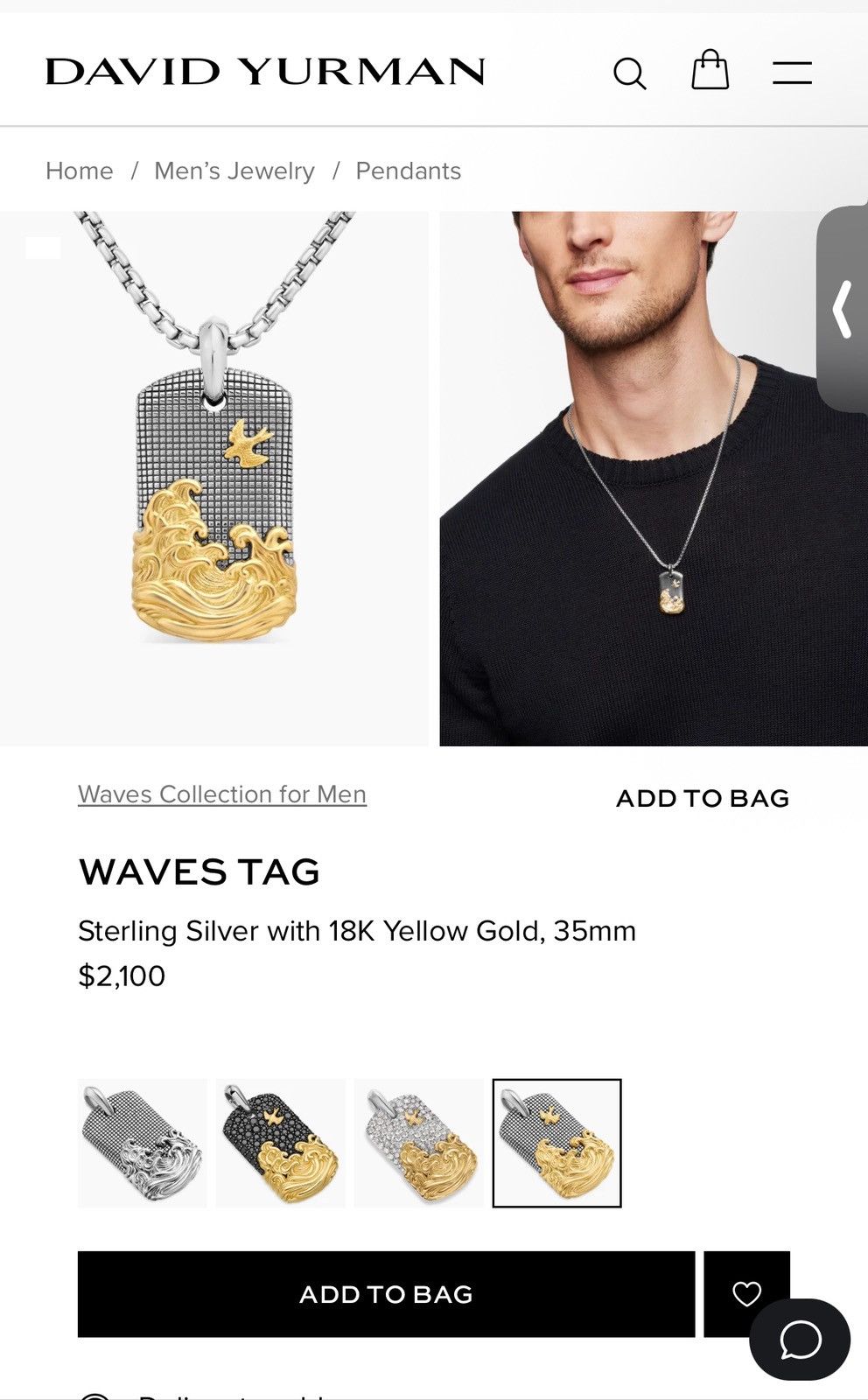 David Yurman Waves Tag Pendant Silver 18K Gold DY 925 750