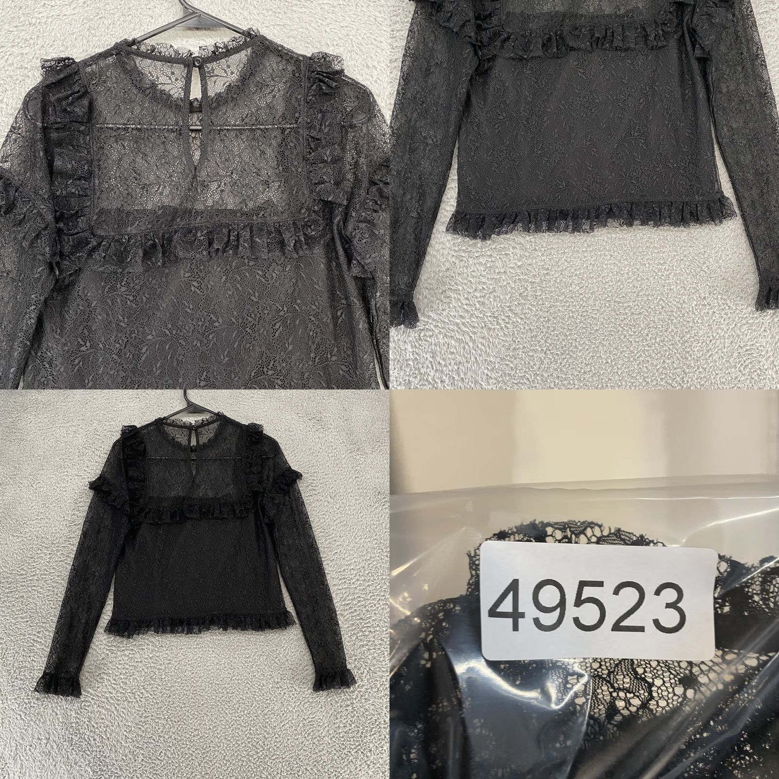 Vintage Audrey Parks Blouse Womens Small Lace Goth Victorian Y2K Floral Crew Neck Long Sleeve Ruffle Button Sheer Back Lined Black Size S / US 4 / IT 40 - 8 Thumbnail