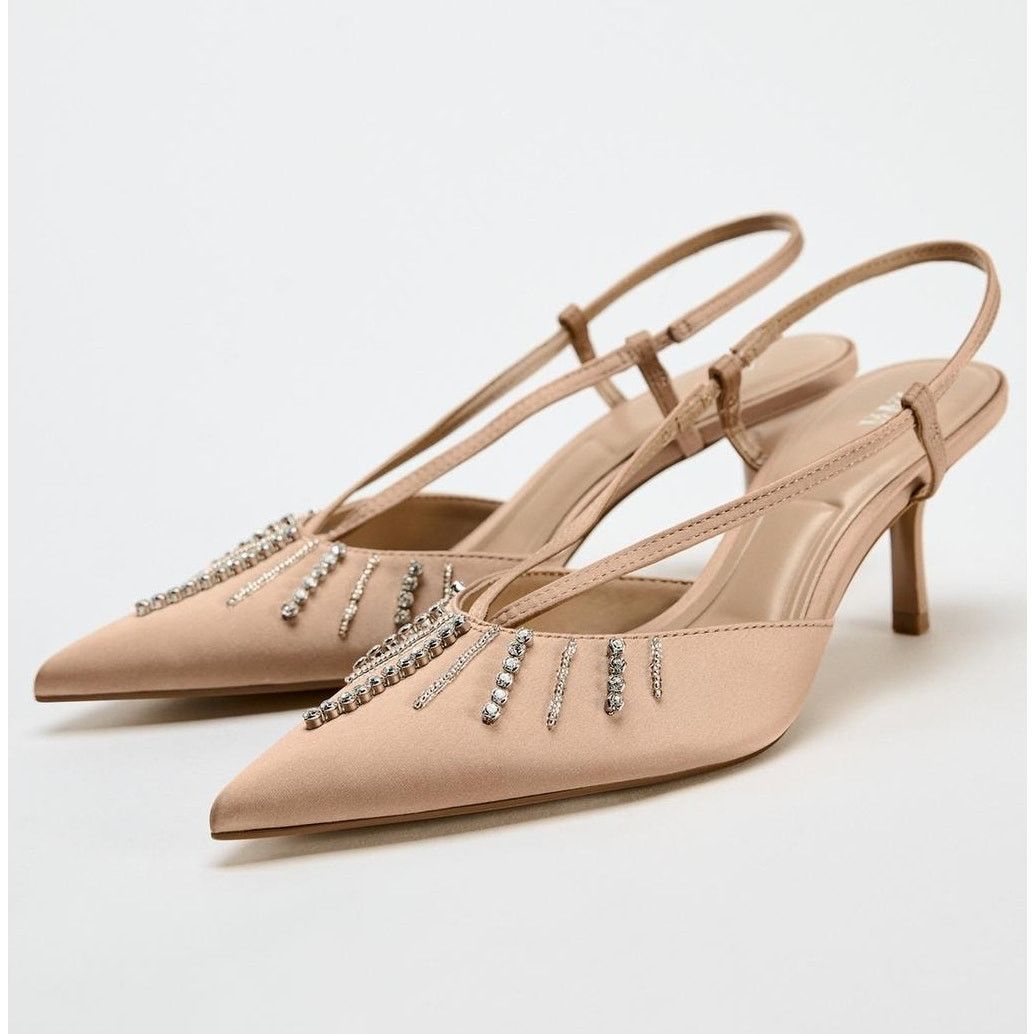 Zara ZARA Beige Rhinestone Slingback Heels NWT Size US 7.5 / IT 37.5 - 18 Thumbnail