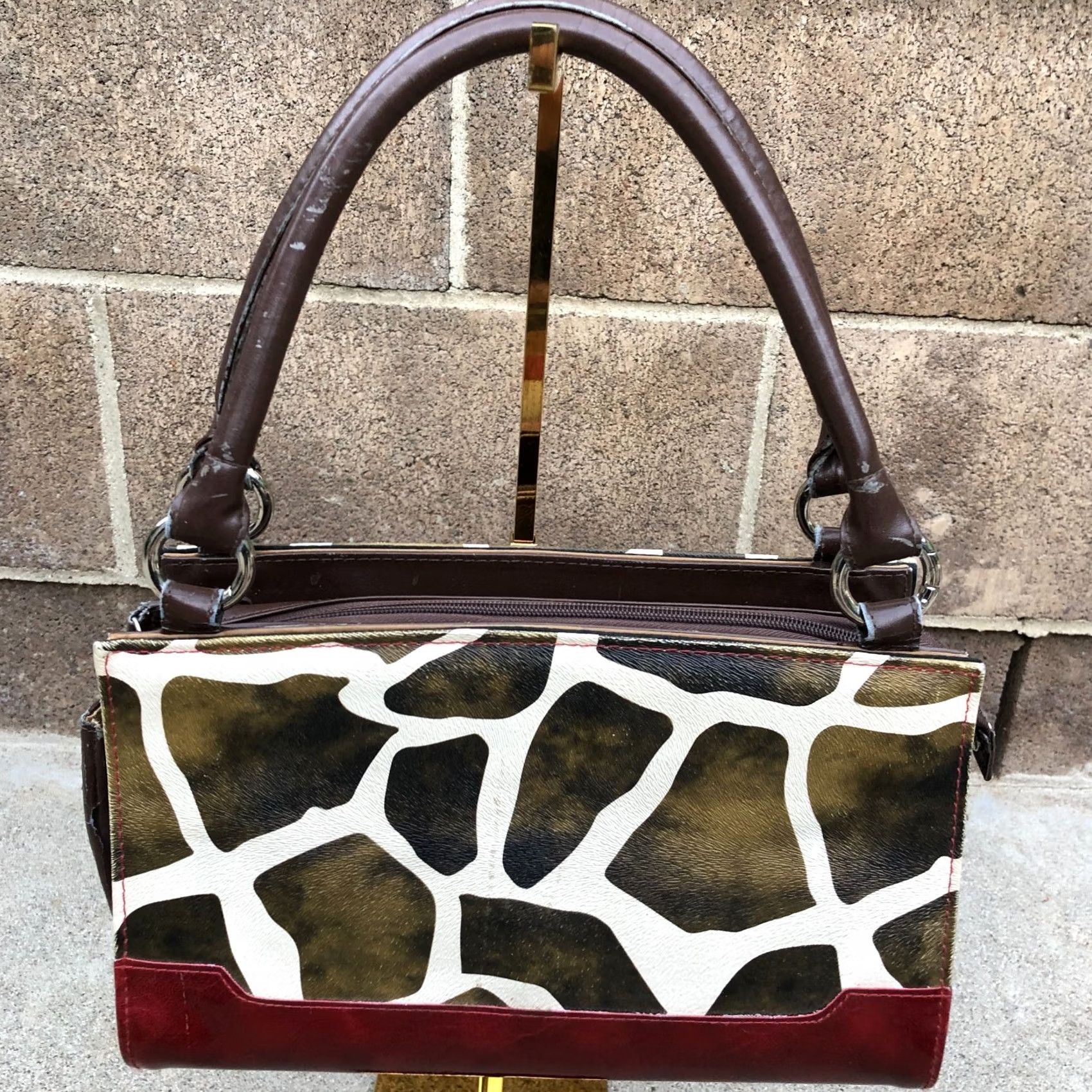Vintage MICHE Vegan Leather Satchel Purse Women's Top Handle Giraffe Print Bag Crossbody Brown/Beige Medium Handbag Ladies Womens Size M / US 6-8 / IT 42-44 - 2 Thumbnail