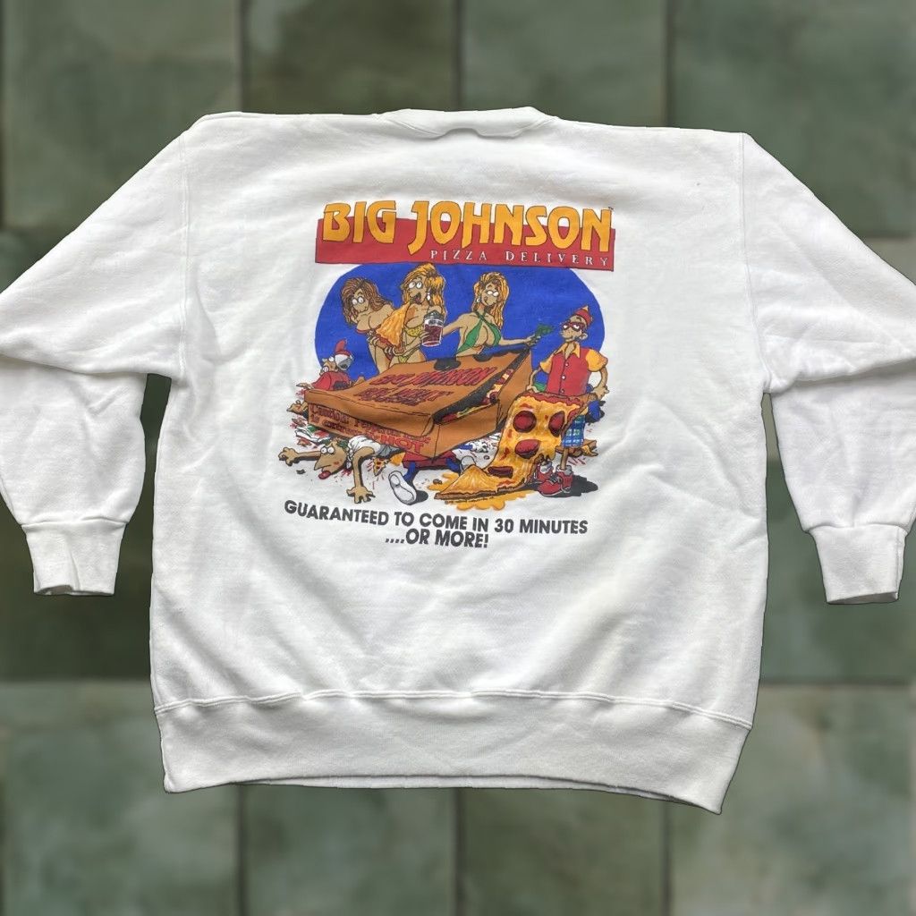 VINTAGE Unbranded Sweatshirt Mens XL White 90S USA MADE 1993 Big Johnson Logo Graphic Print Pullover Crew Neck Long Sleeve Cotton Microfiber