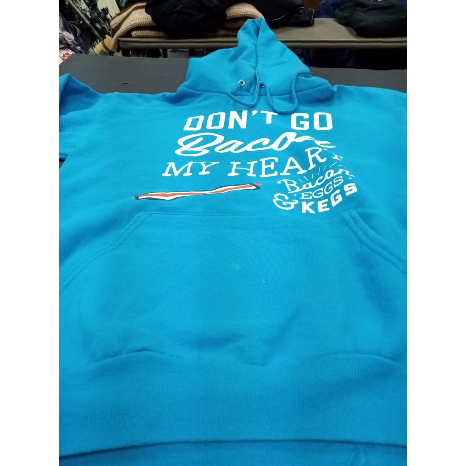 Vintage PORT Don’t Go Bacon My ❤️ Hoodie Blue Solid Long Sleeve Pullover with Hood Logo Regular Men Small 38" X 24" Funny USA Winter Fall Spring Size US S / EU 44-46 / 1 - 4 Thumbnail