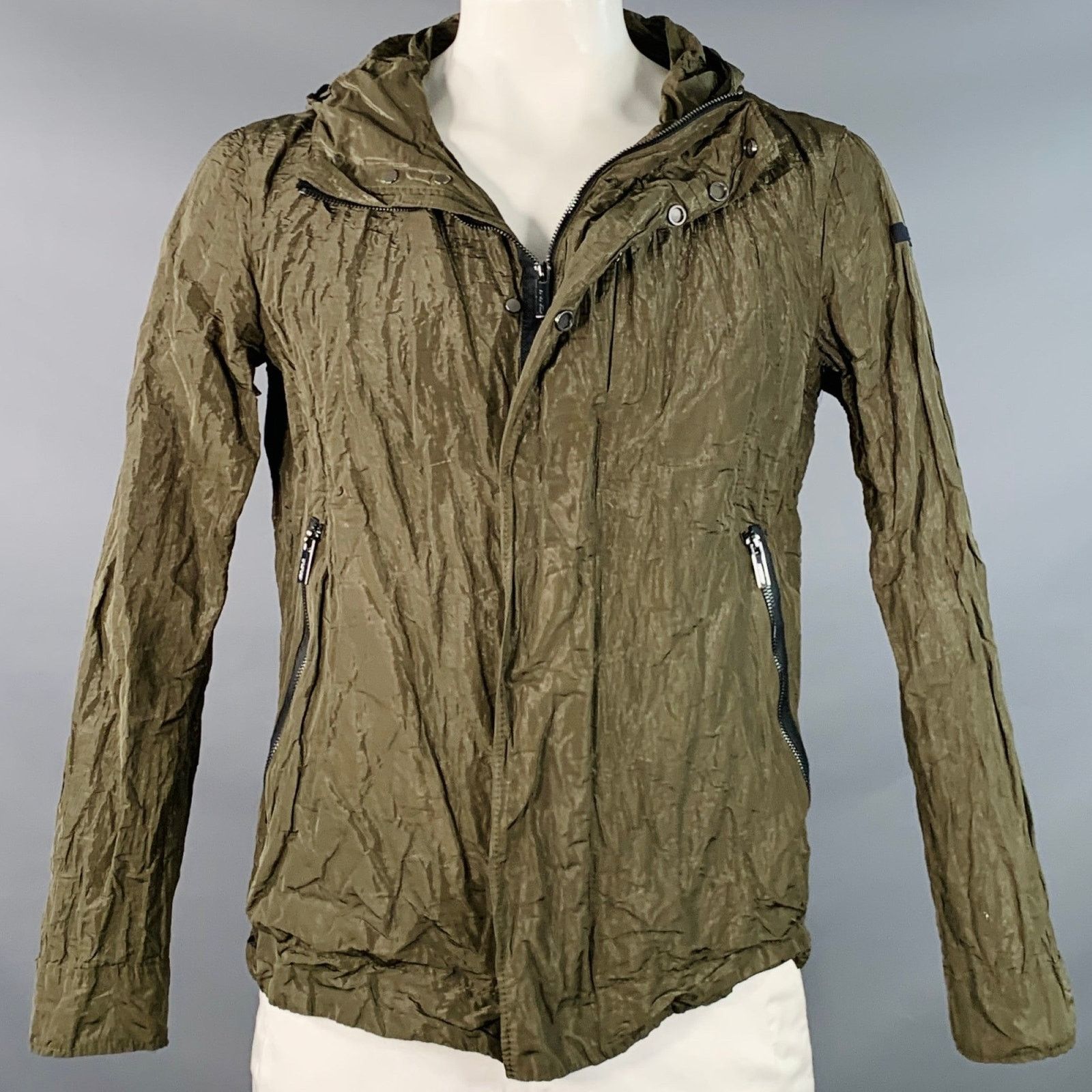 Other 42 Green Olive Wrinkled Hooded Zip Snaps Jacket Size US L / EU 52-54 / 3 - 1 Thumbnail