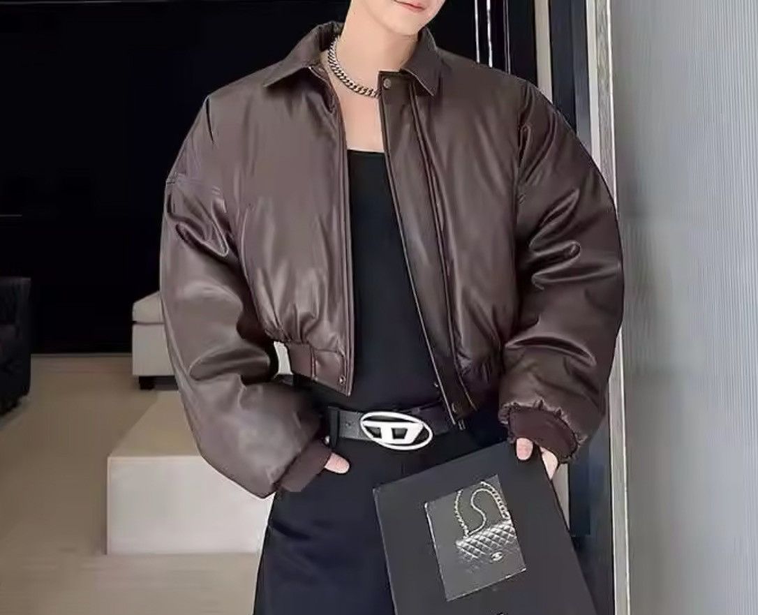 Japanese Brand CROPPED Vegan Leather Bomber Jacket - Boxy Streetwear Puffer Size US M / EU 48-50 / 2 - 6 Thumbnail