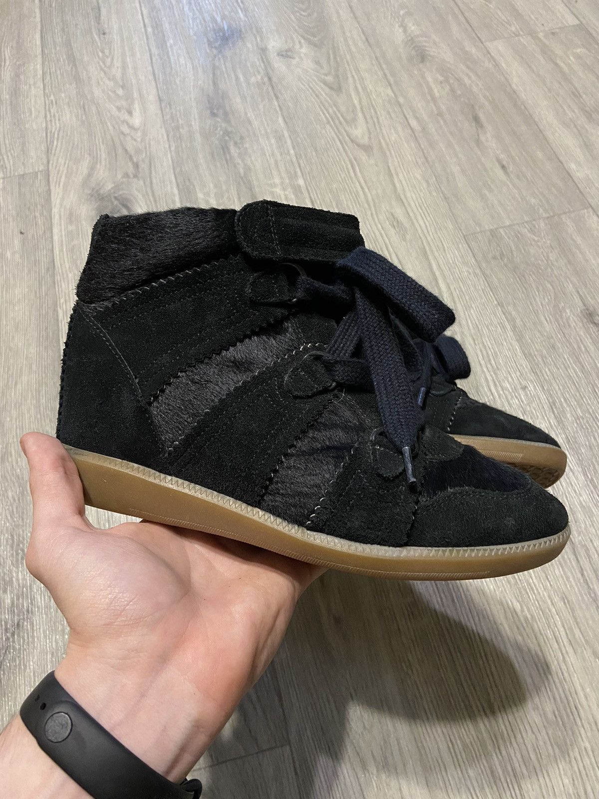 image of Isabel Marant Black Ponyhair & Suede Panel Wedge Trainers Shoes, Women's (Size 6)