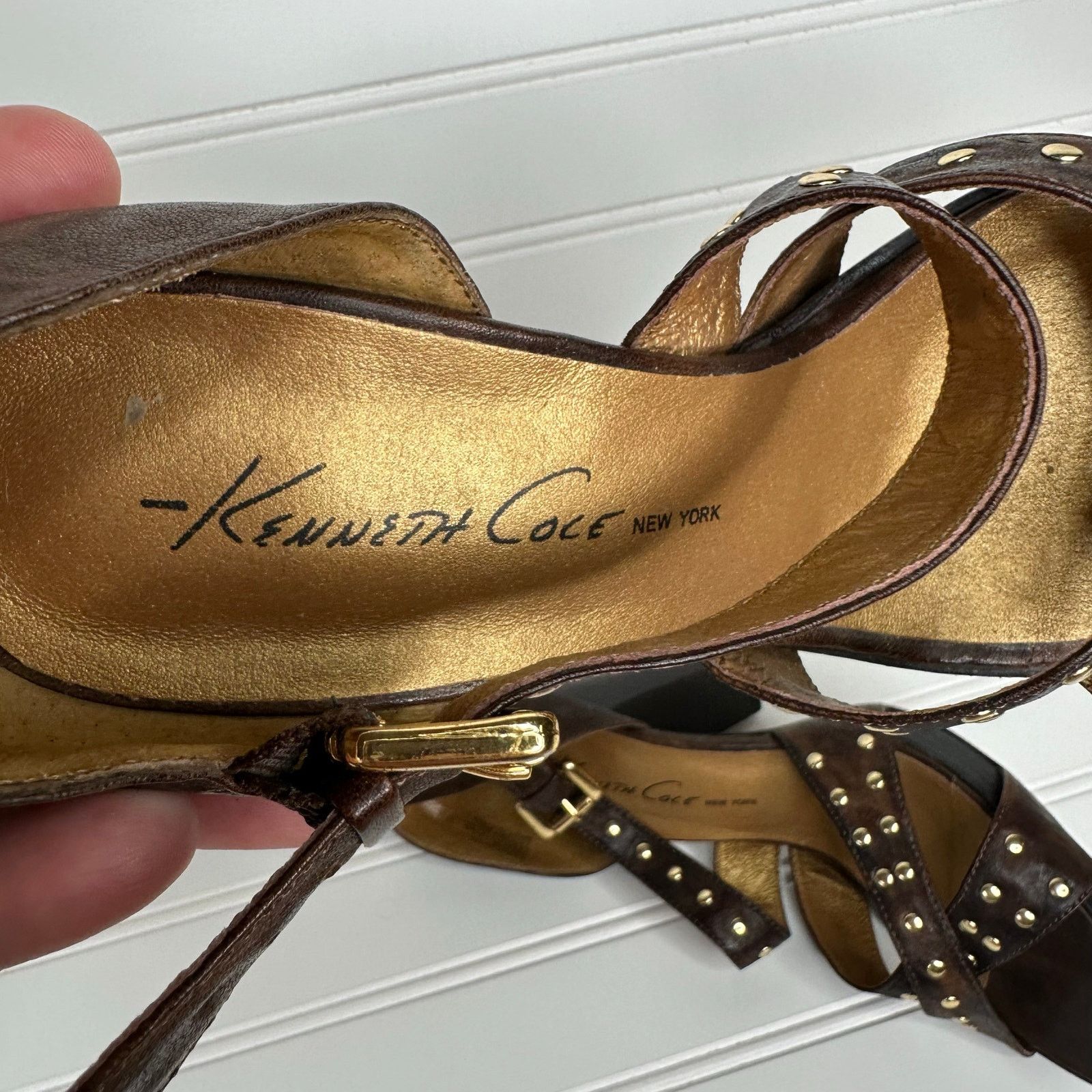 Kenneth Cole Kenneth Cole NY genuine leather brown strappy heels studded Size US 7 / IT 37 - 7 Thumbnail