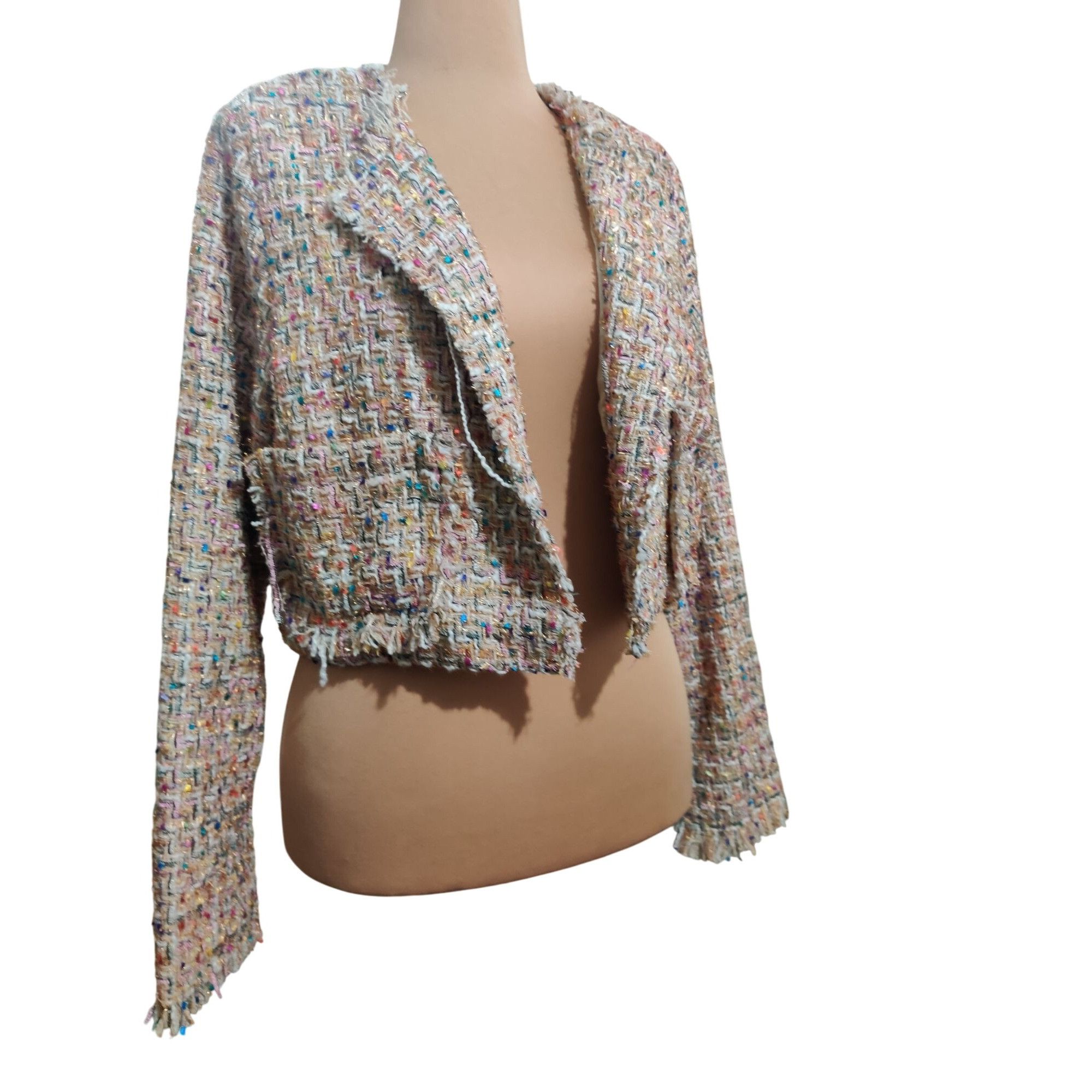 Fashion Nova Fashion Nova 1XL Womens Cropped Tweed Jacket Multicolor Text Size XL / US 12-14 / IT 48-50 - 2 Thumbnail