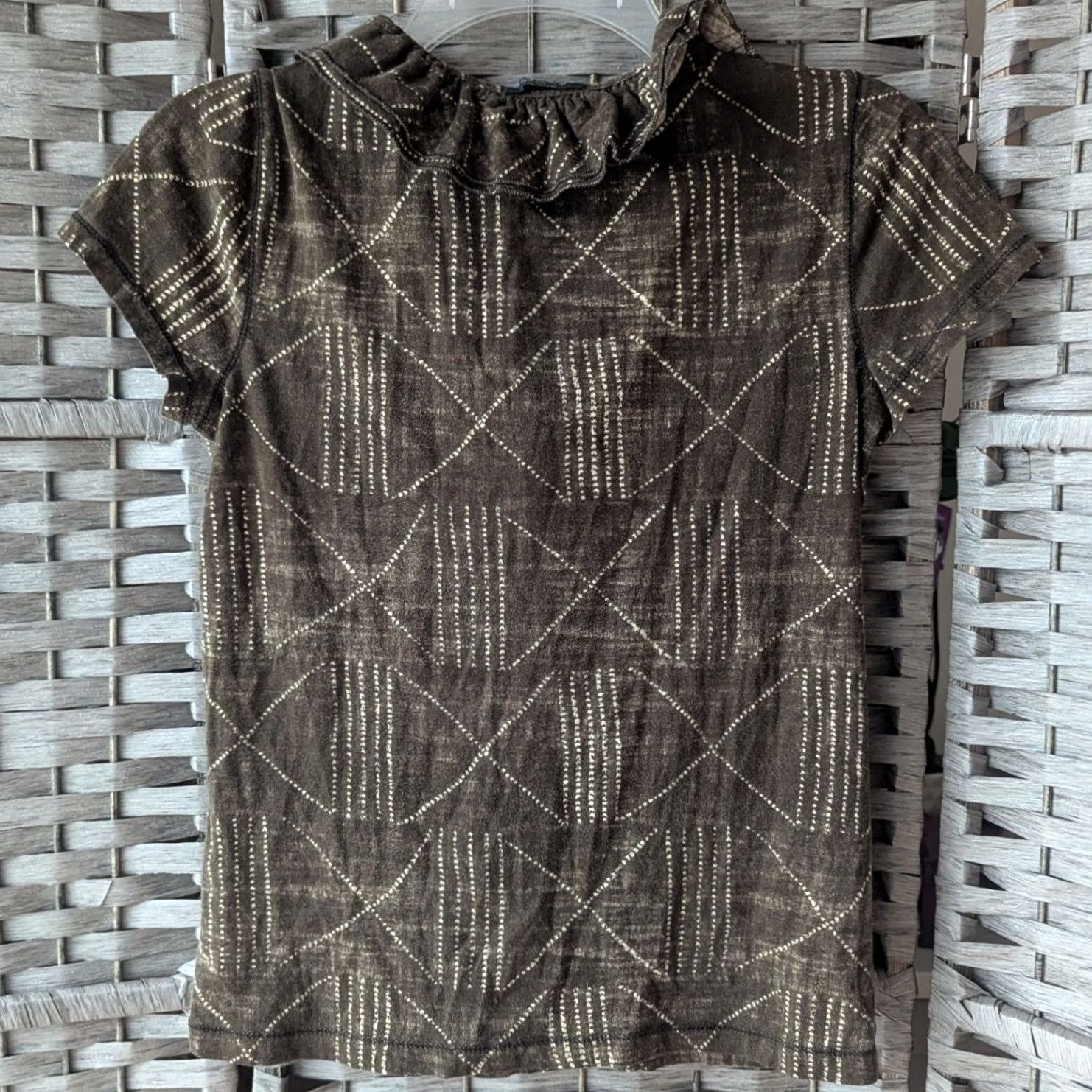 CO Ralph Lauren Lauren Jeans Co Top Brown Geometric Ruffle Neck Womens XS Lace Up Top Size XS / US 0-2 / IT 36-38 - 3 Thumbnail